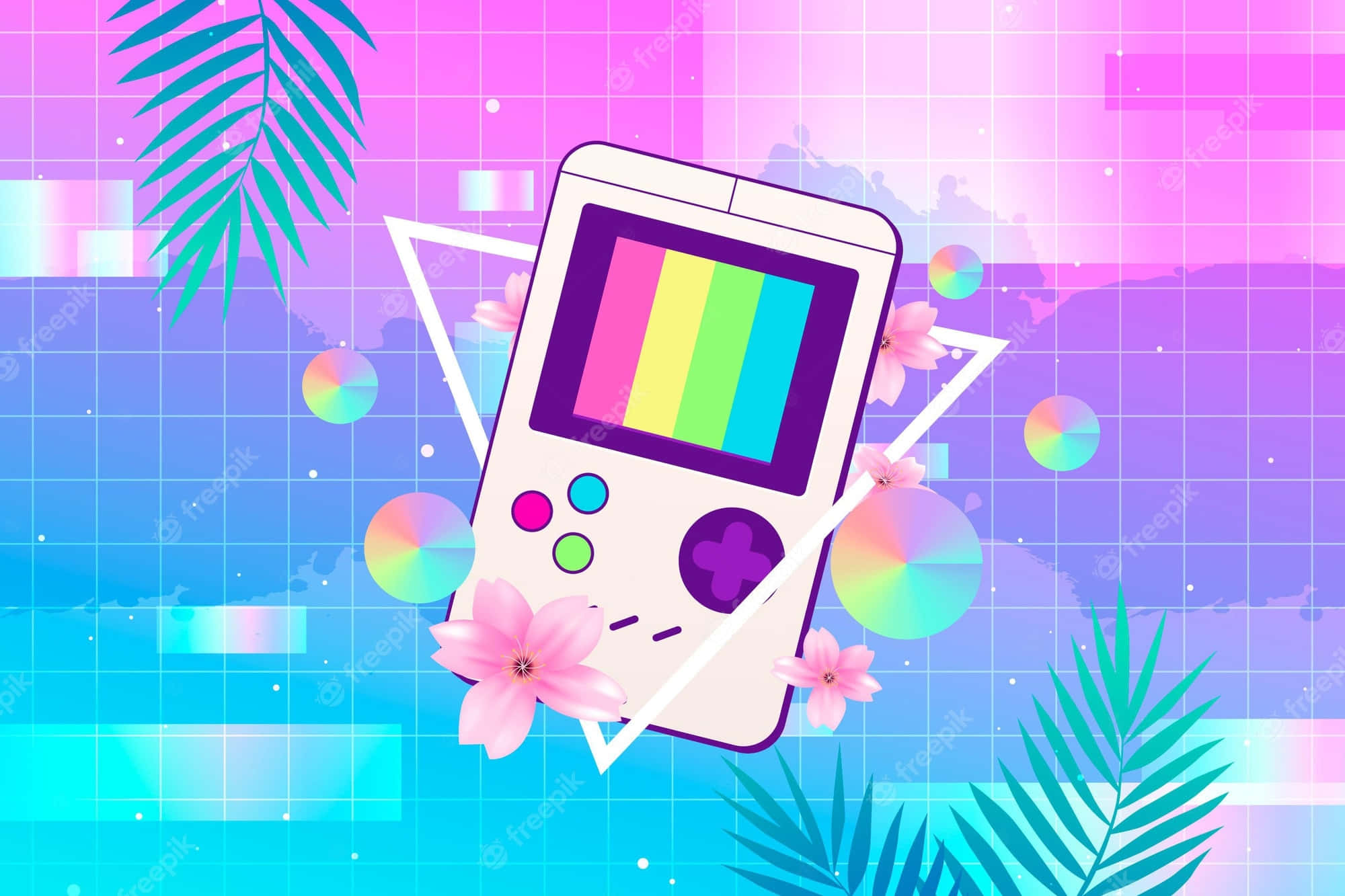 retro gameboy, flowers, leaves, Full HD Desktop Wallpaper