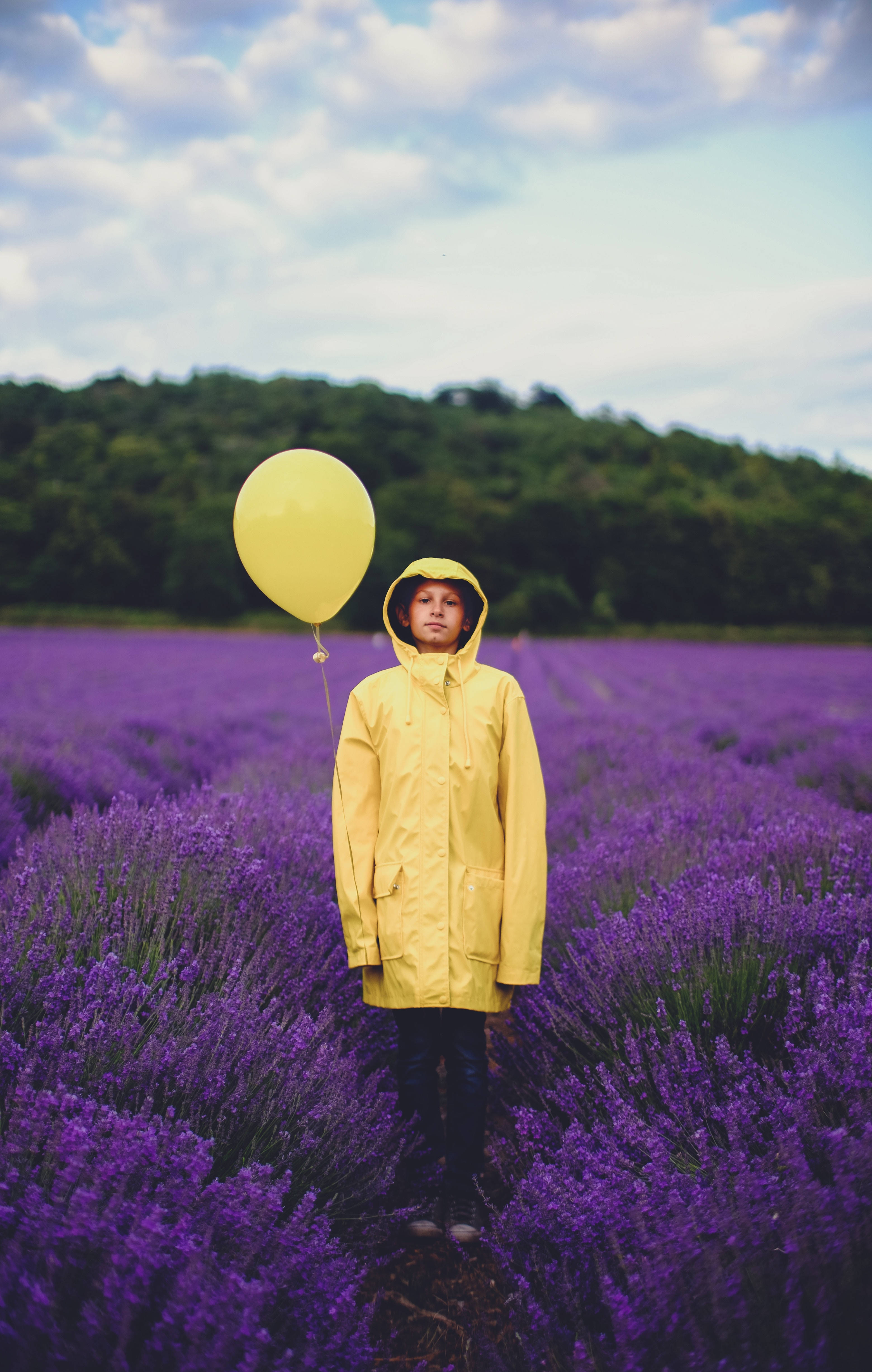 yellow raincoat, yellow balloon, purple lavender field, 4K Phone Wallpaper