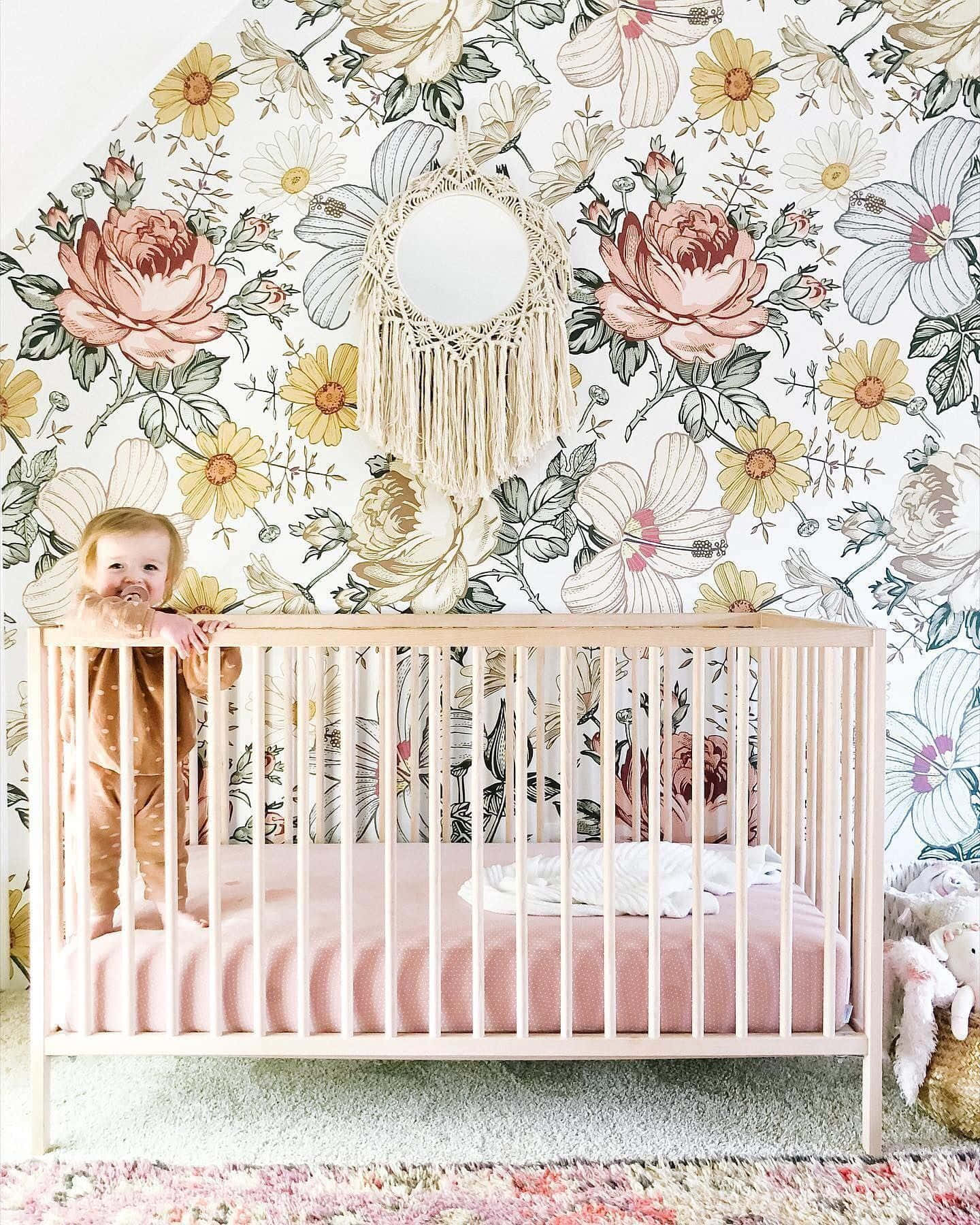 floral nursery, light wooden crib, vibrant floral wallpaper, HD Phone Wallpaper