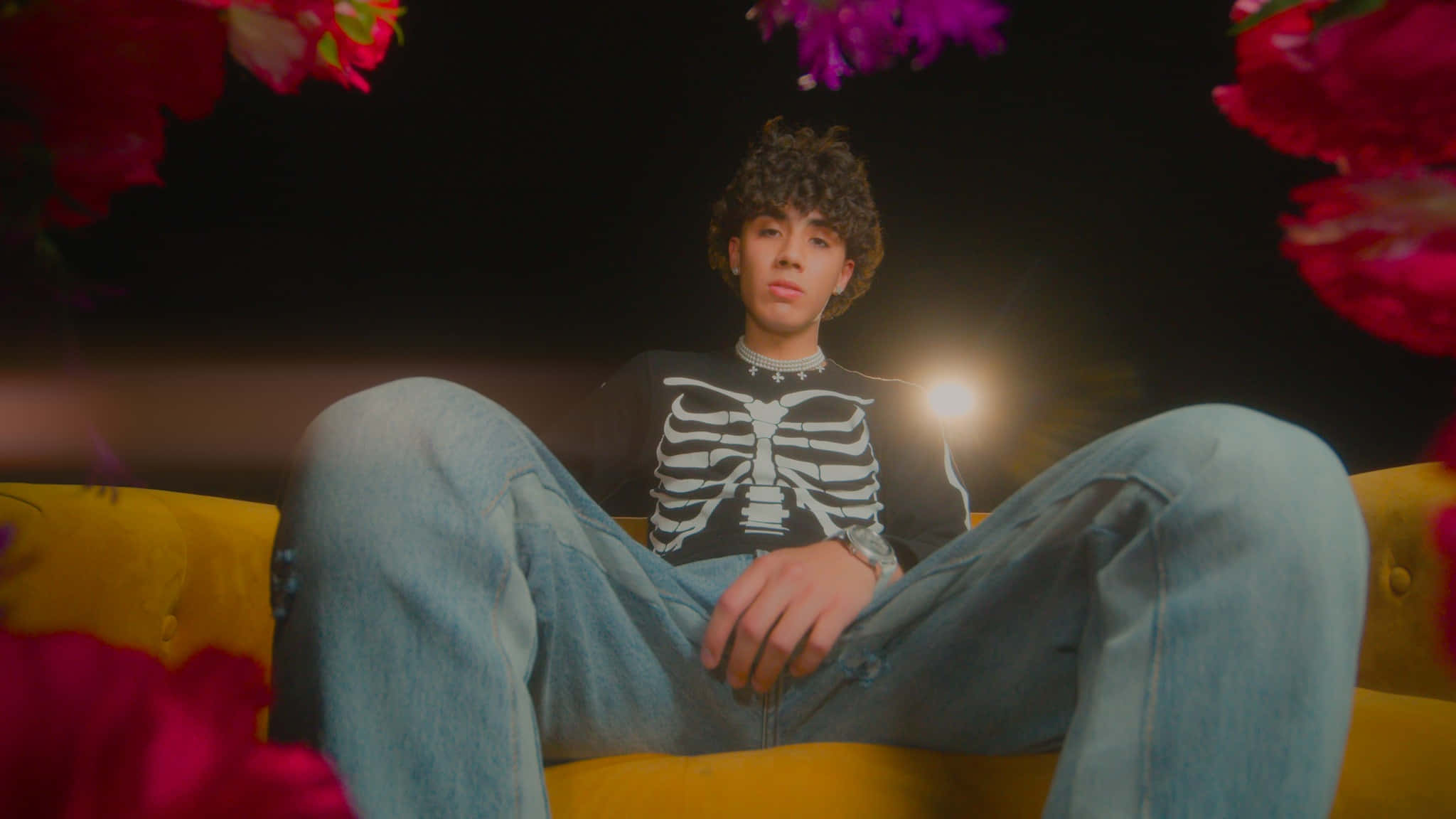 skeleton shirt, yellow couch, vibrant pink and purple flowers, Full HD Desktop Wallpaper