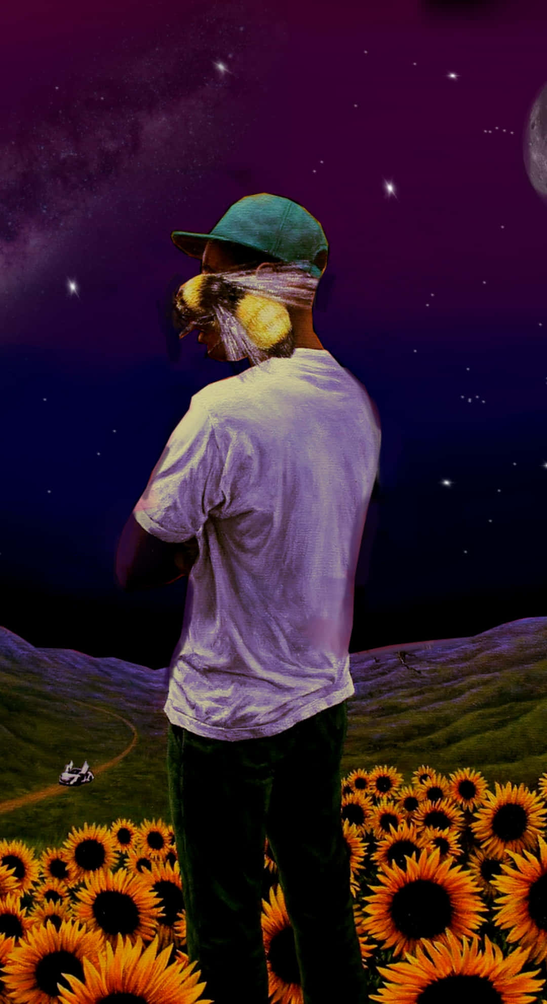 Flower Boy, starry purple night sky, moon, Full HD Phone Wallpaper