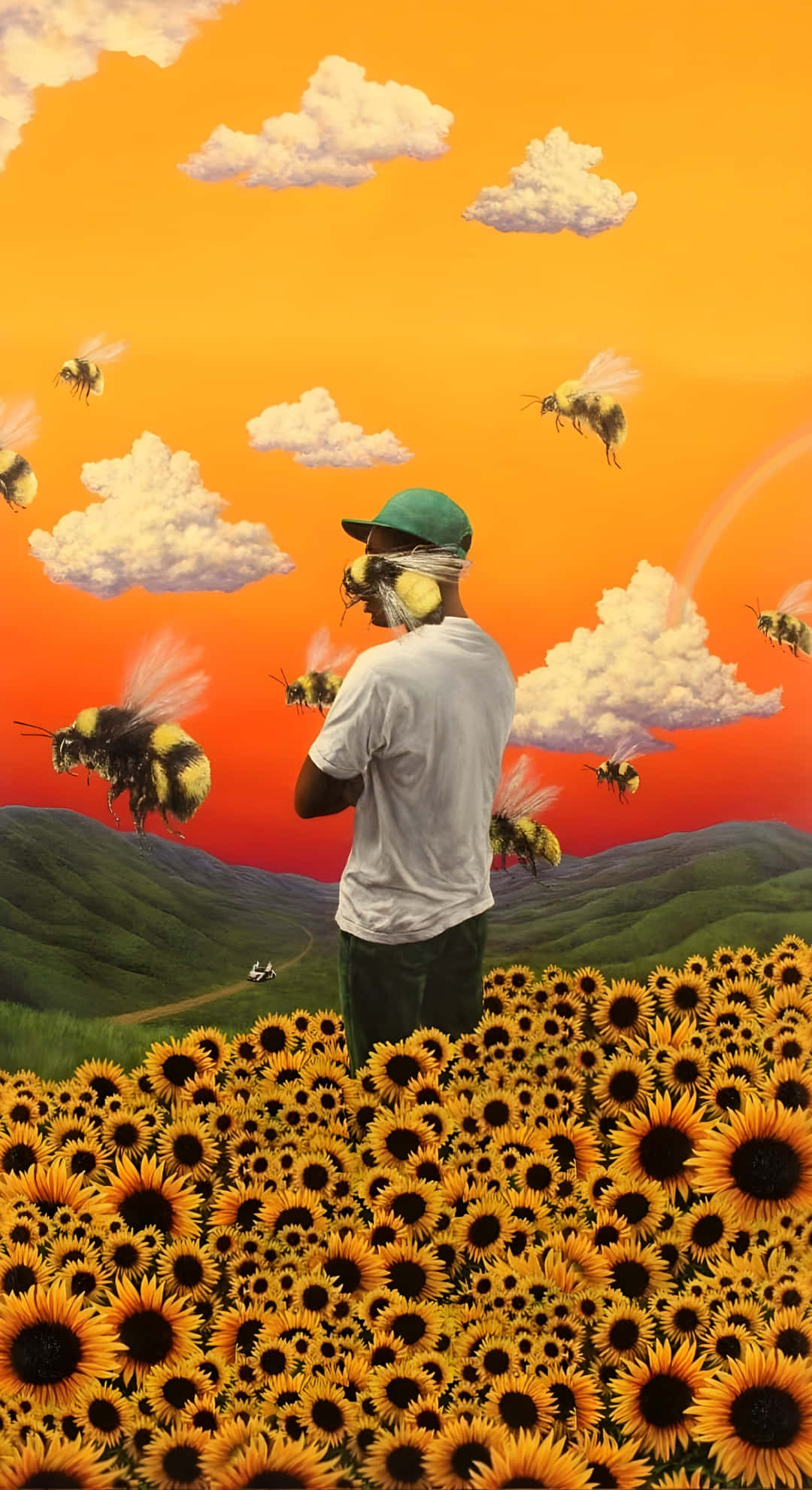 Flower Boy, sunflower field, green cap, Full HD Phone Wallpaper