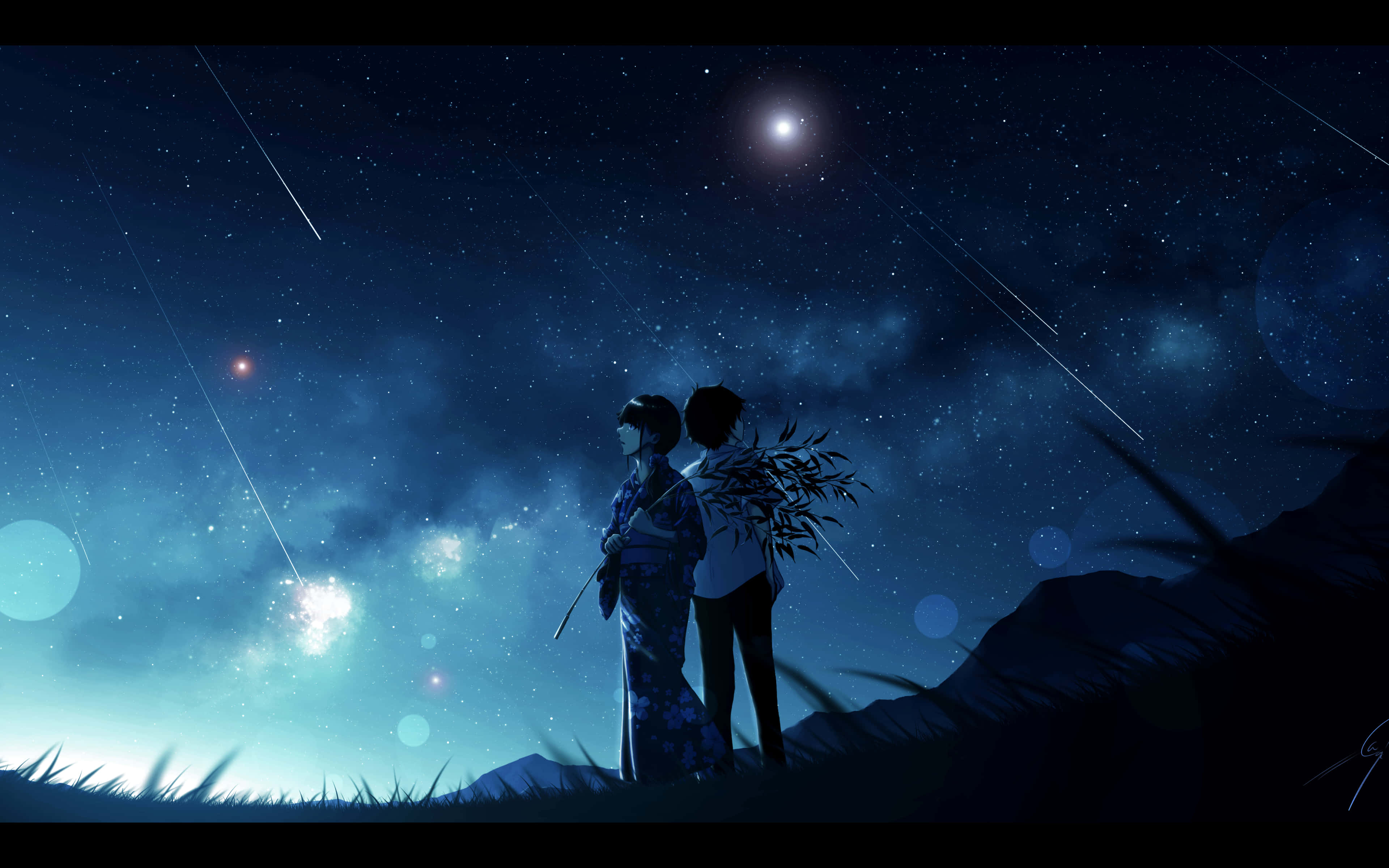 Cool Sad Boy With Flowers, starry night sky, shooting stars, 4K Desktop Wallpaper