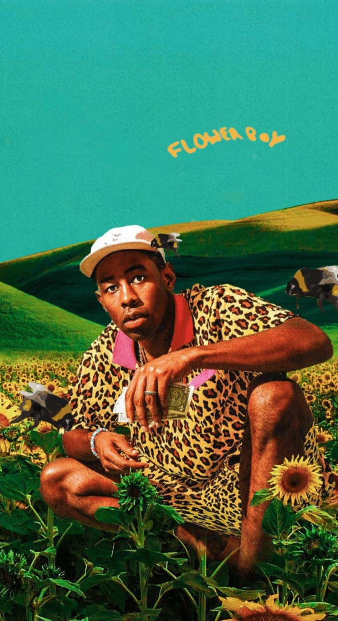 Flower Boy, leopard print, sunflower field, Full HD Phone Wallpaper