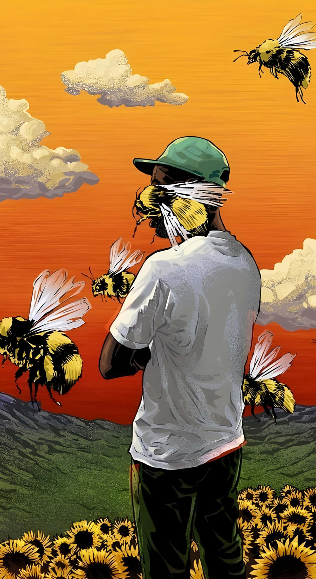 Flower Boy, green cap, sunflower field, Full HD Phone Wallpaper