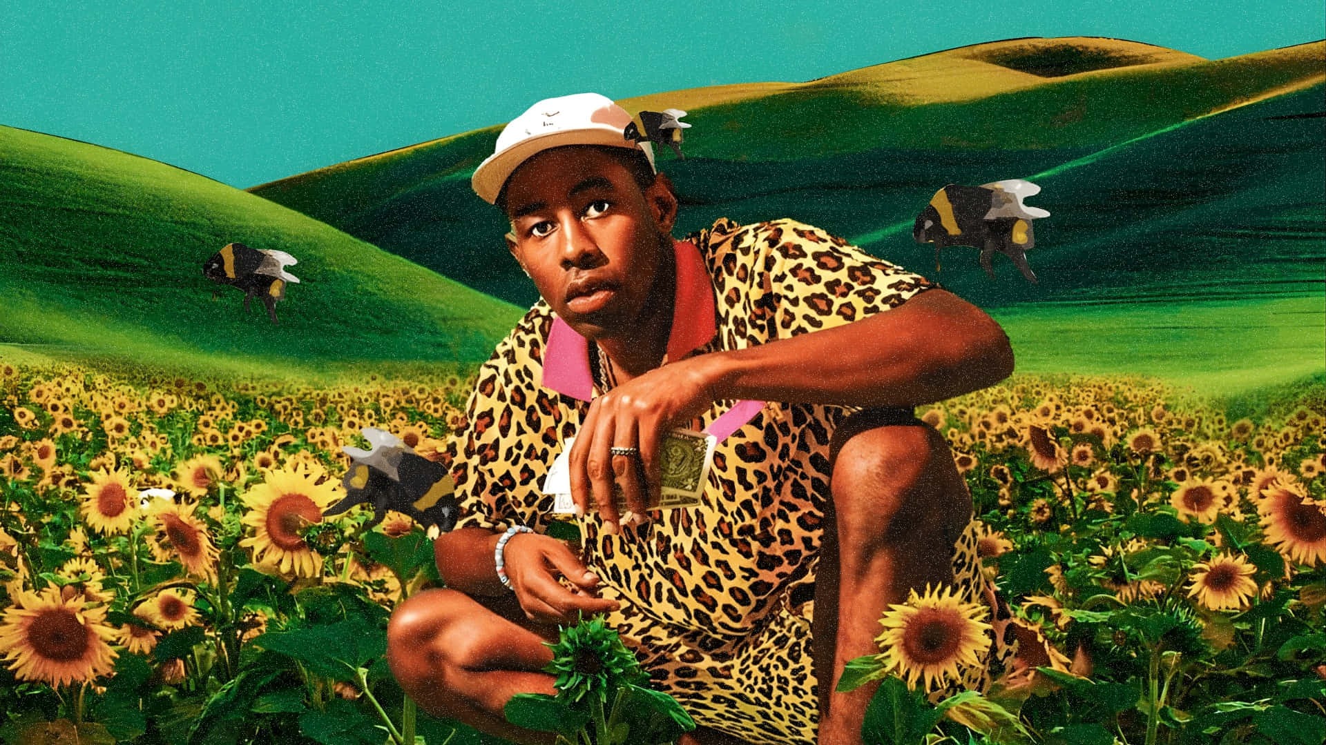 Flower Boy, leopard print outfit, sunflower field, Full HD Desktop Wallpaper