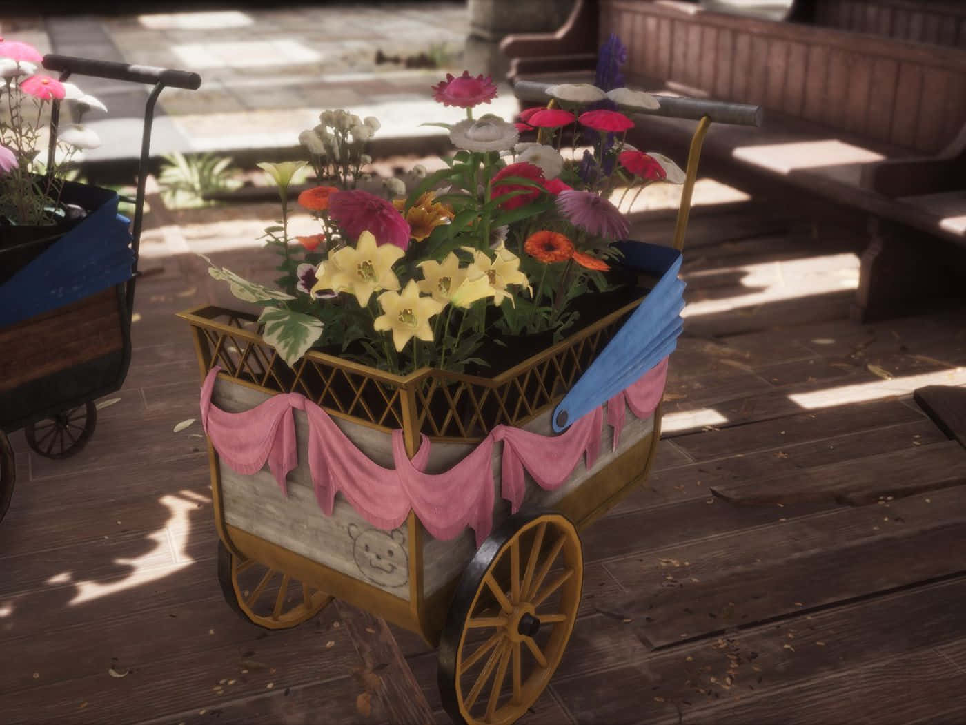 flower cart, wooden flower cart, colorful blooms, HD Desktop Wallpaper