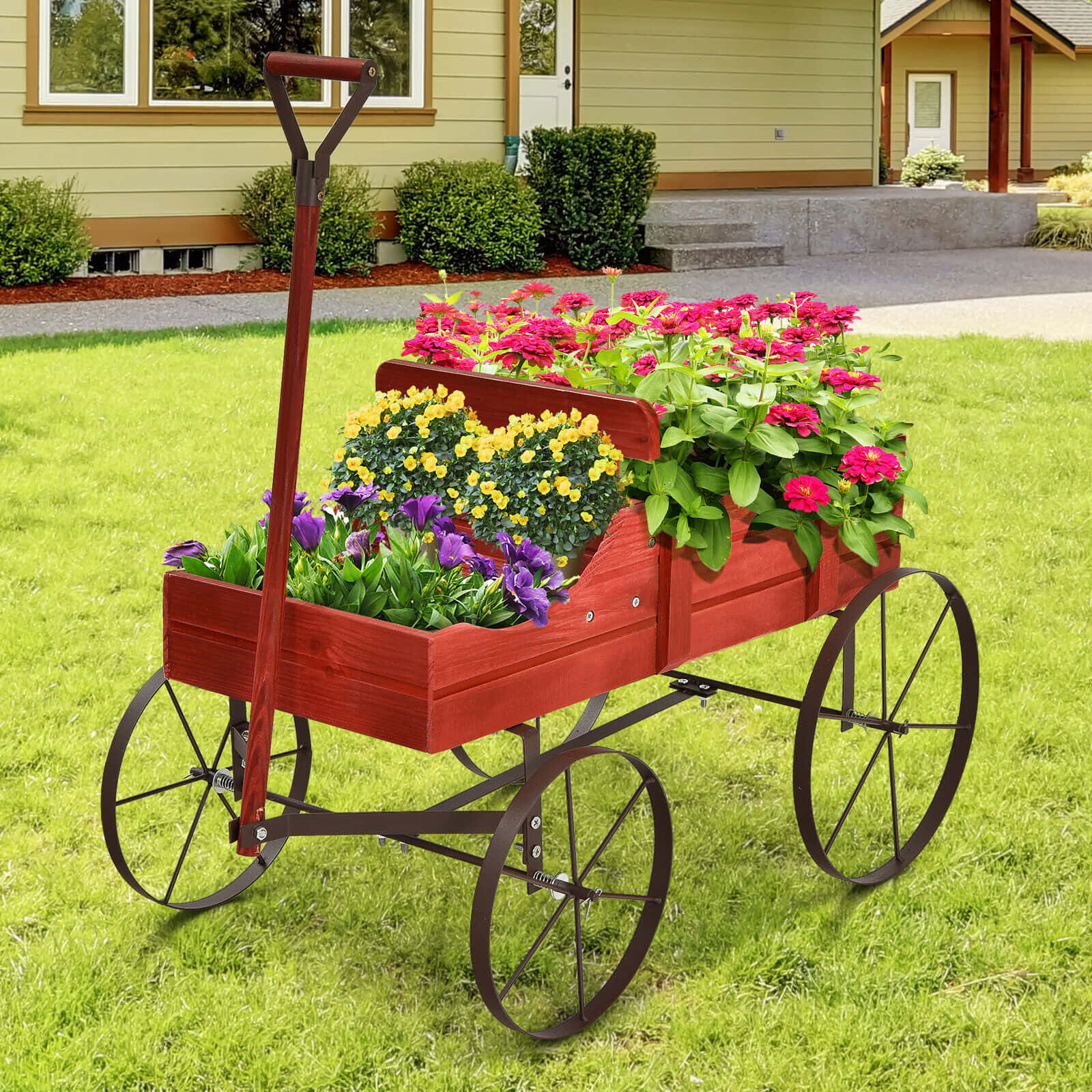 flower cart, red wooden garden cart, vibrant pink yellow and purple flowers, HD Desktop Wallpaper