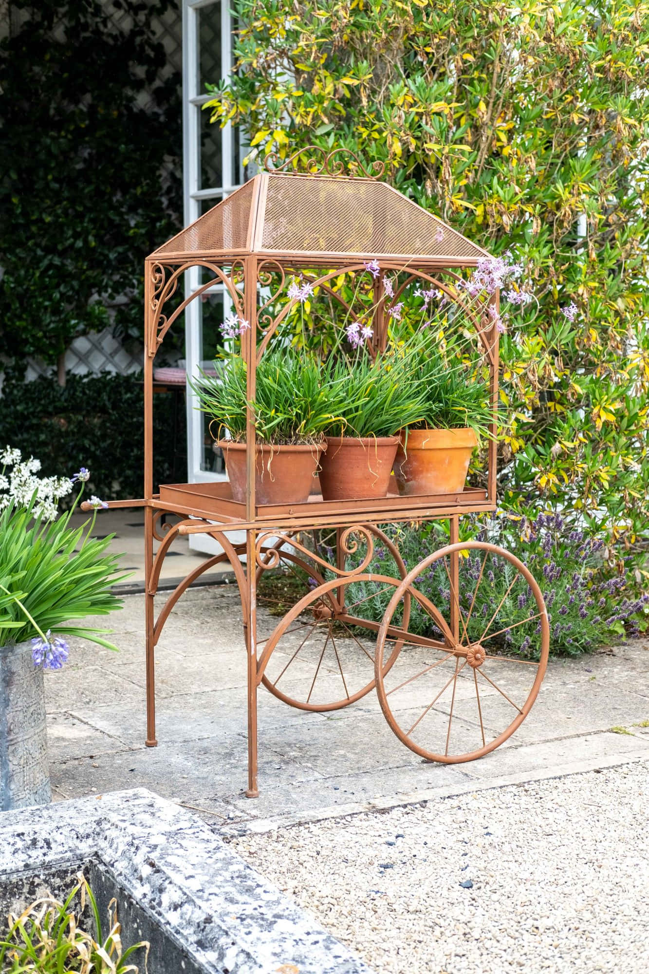 flower cart, vintage rusty metal garden cart, three terracotta pots, Full HD Phone Wallpaper