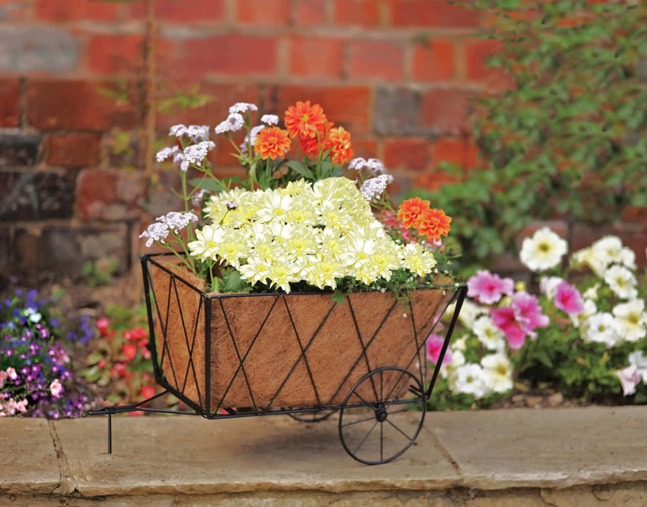 flower cart, cobblestone street, vibrant yellow white and orange flowers, HD Desktop Wallpaper