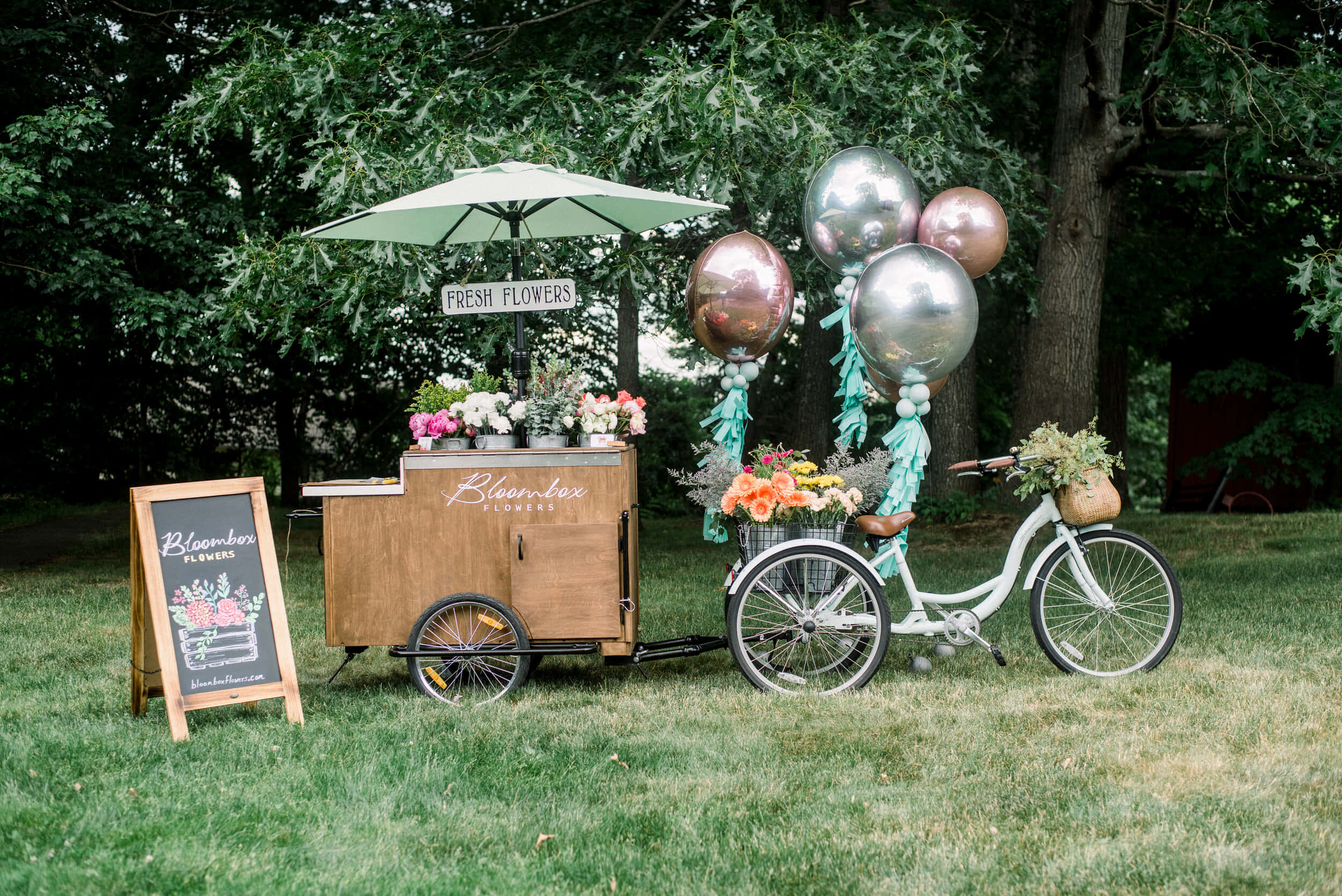flower cart, white bicycle trailer, balloons, Full HD Desktop Wallpaper