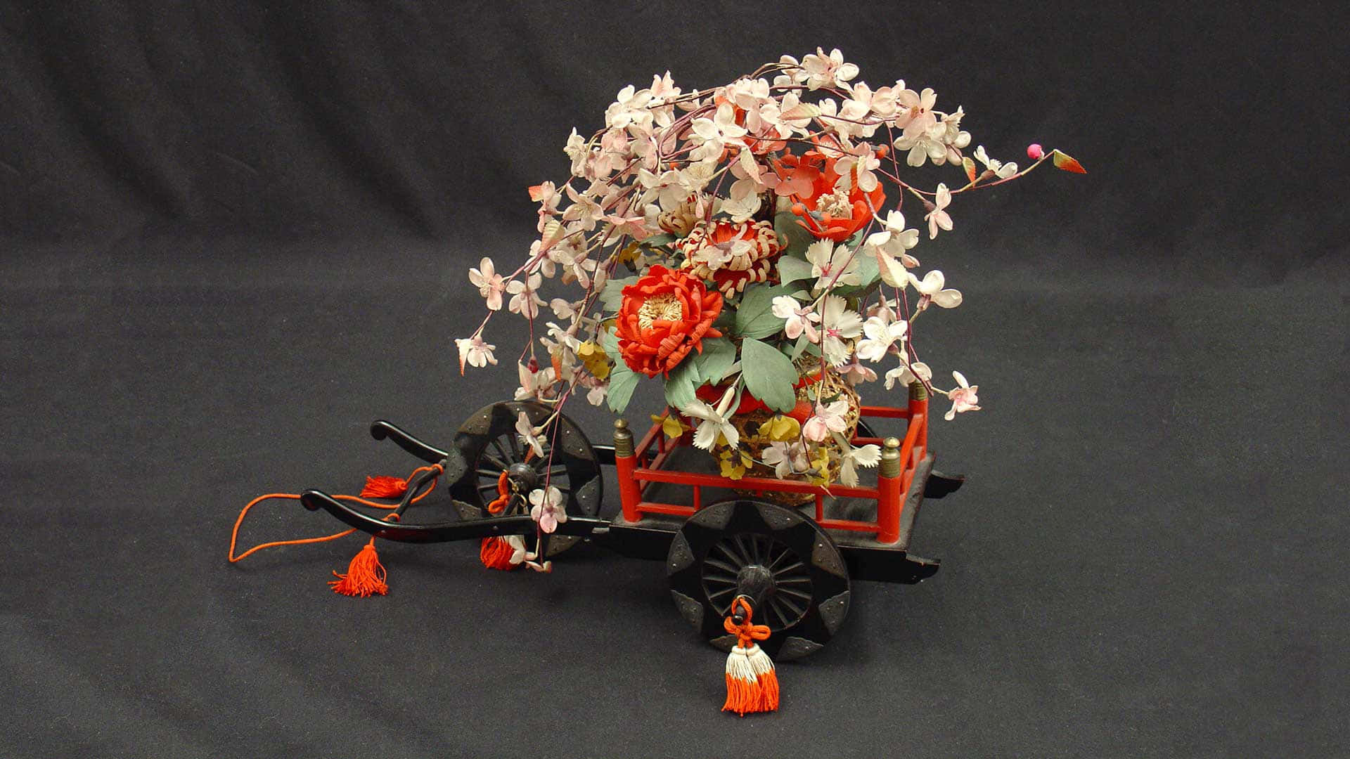 flower cart, Japanese cart, vibrant red and white blossoms, Full HD Desktop Wallpaper