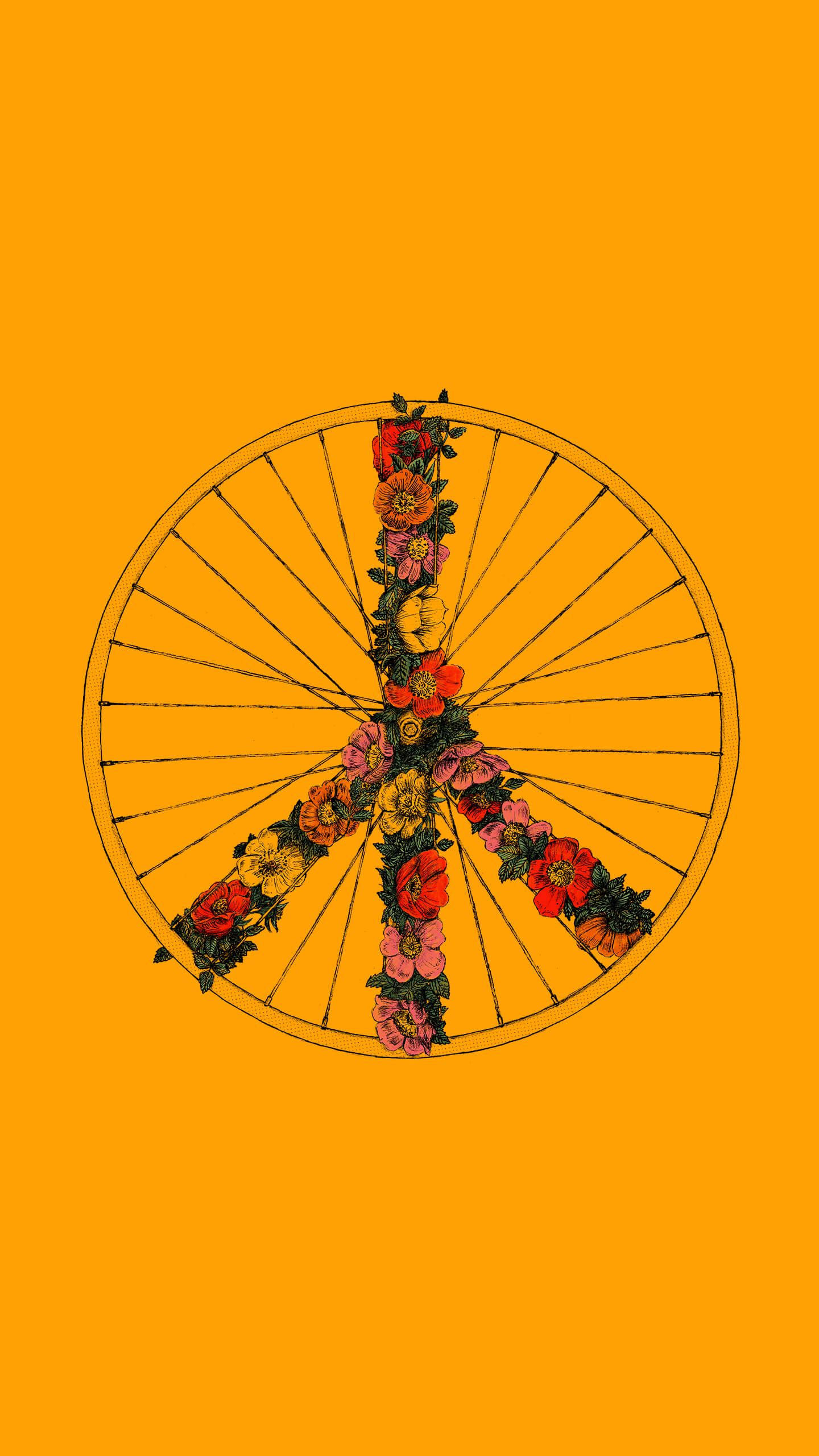 yellow floral peace wheel, peace symbol, bicycle wheel, 2K Phone Wallpaper