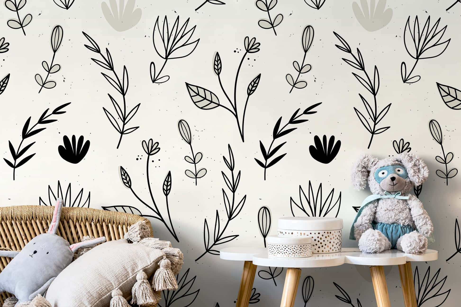 wicker chair, stuffed toys, white wall, Full HD Desktop Wallpaper