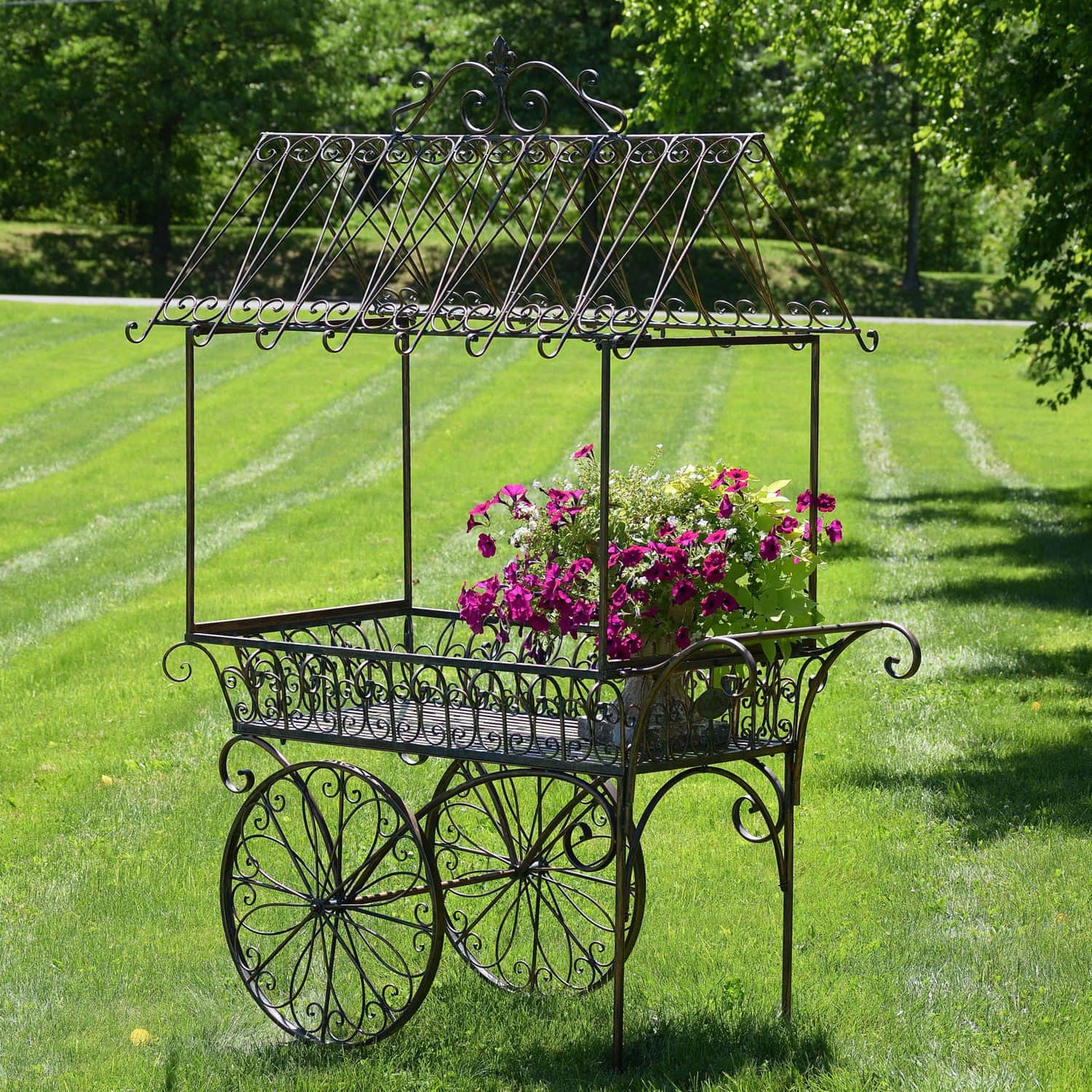 flower cart, black metal garden cart, floral canopy, HD Desktop Wallpaper