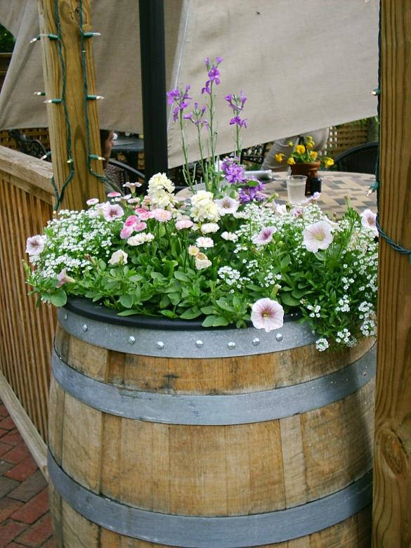 wooden wine barrel, planter, pink white and purple flowers, SD Phone Wallpaper
