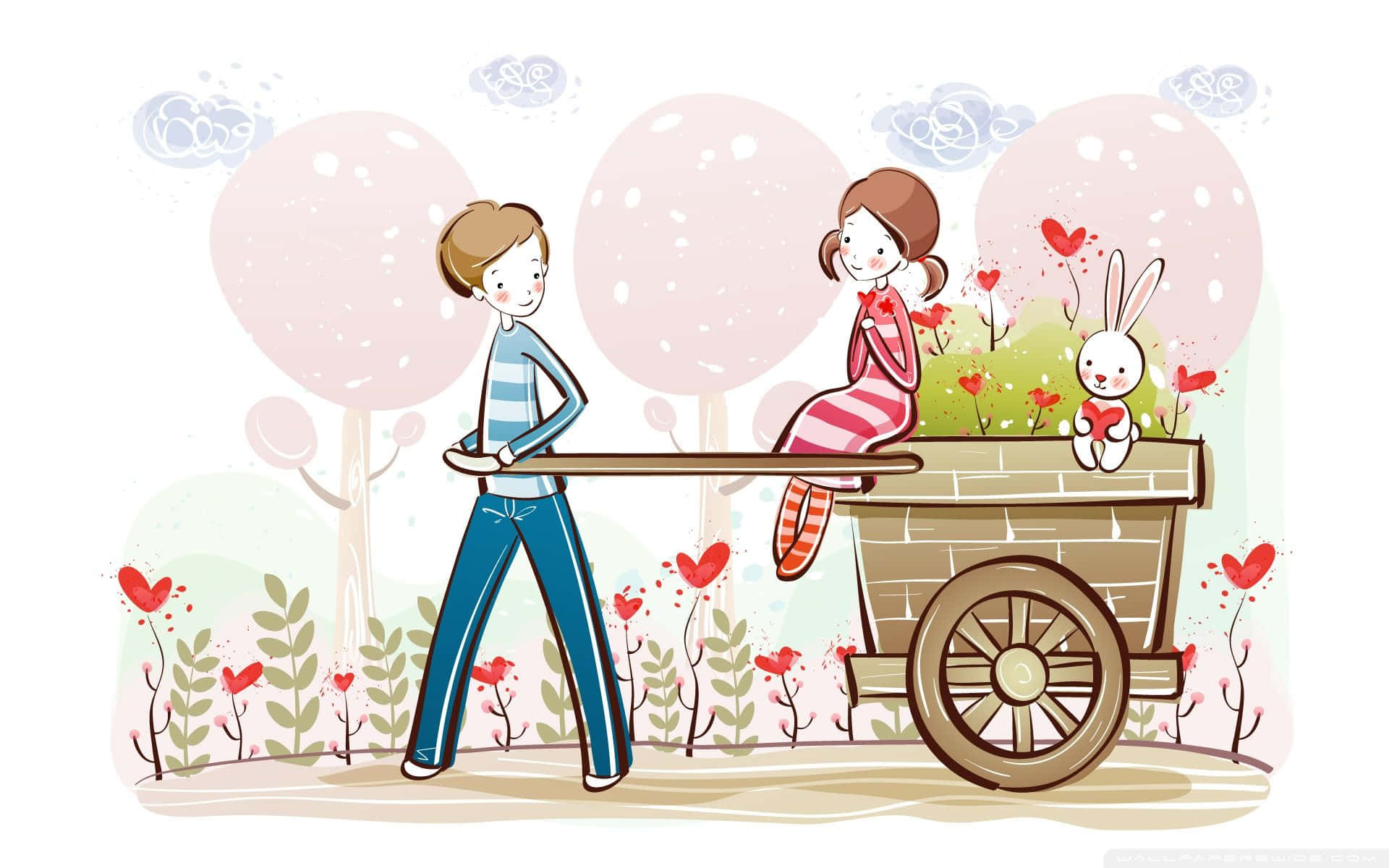 cart, flower cart, heart-filled garden, Full HD Desktop Wallpaper