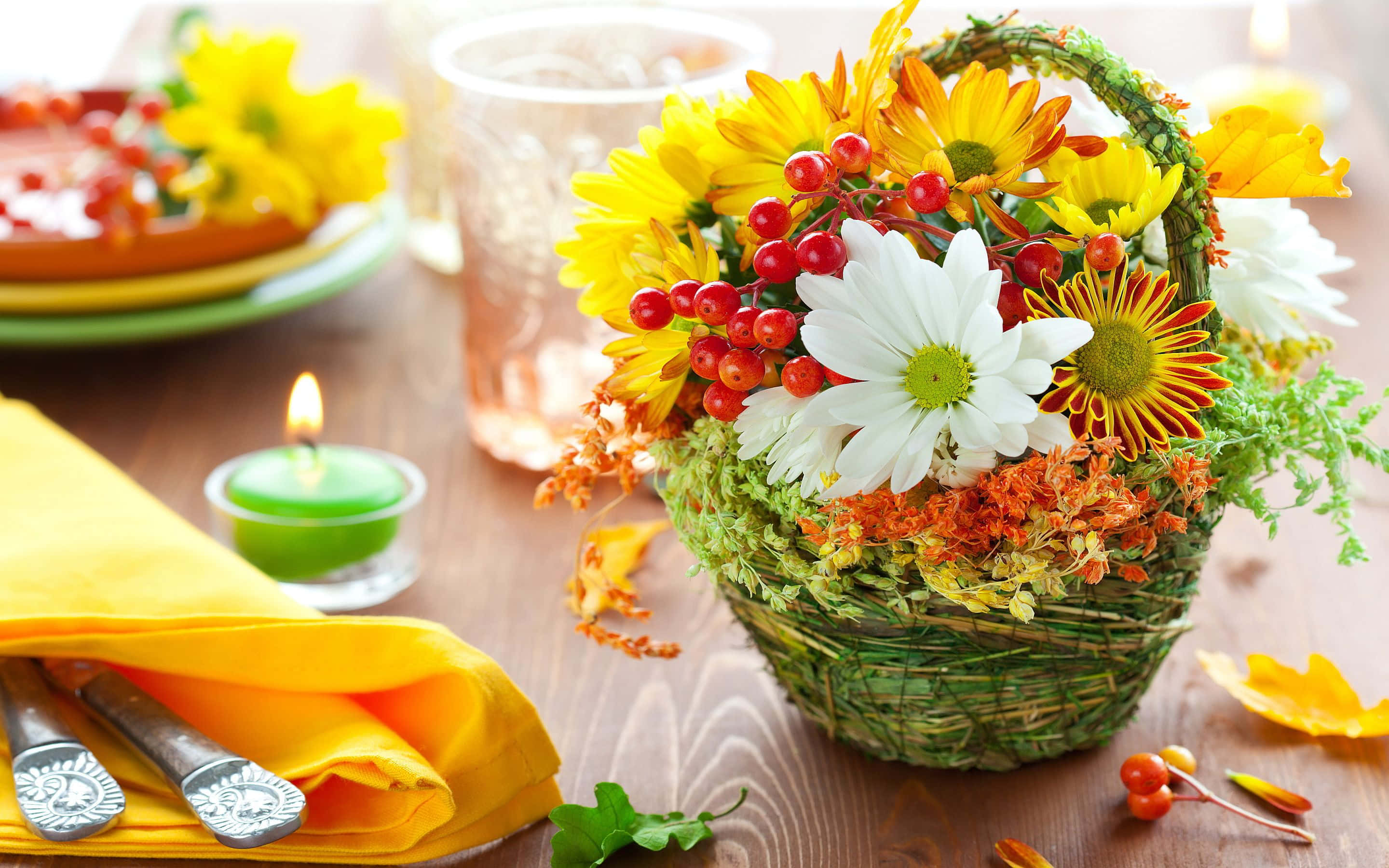 woven basket, yellow daisies, red berries, 2K Desktop Wallpaper