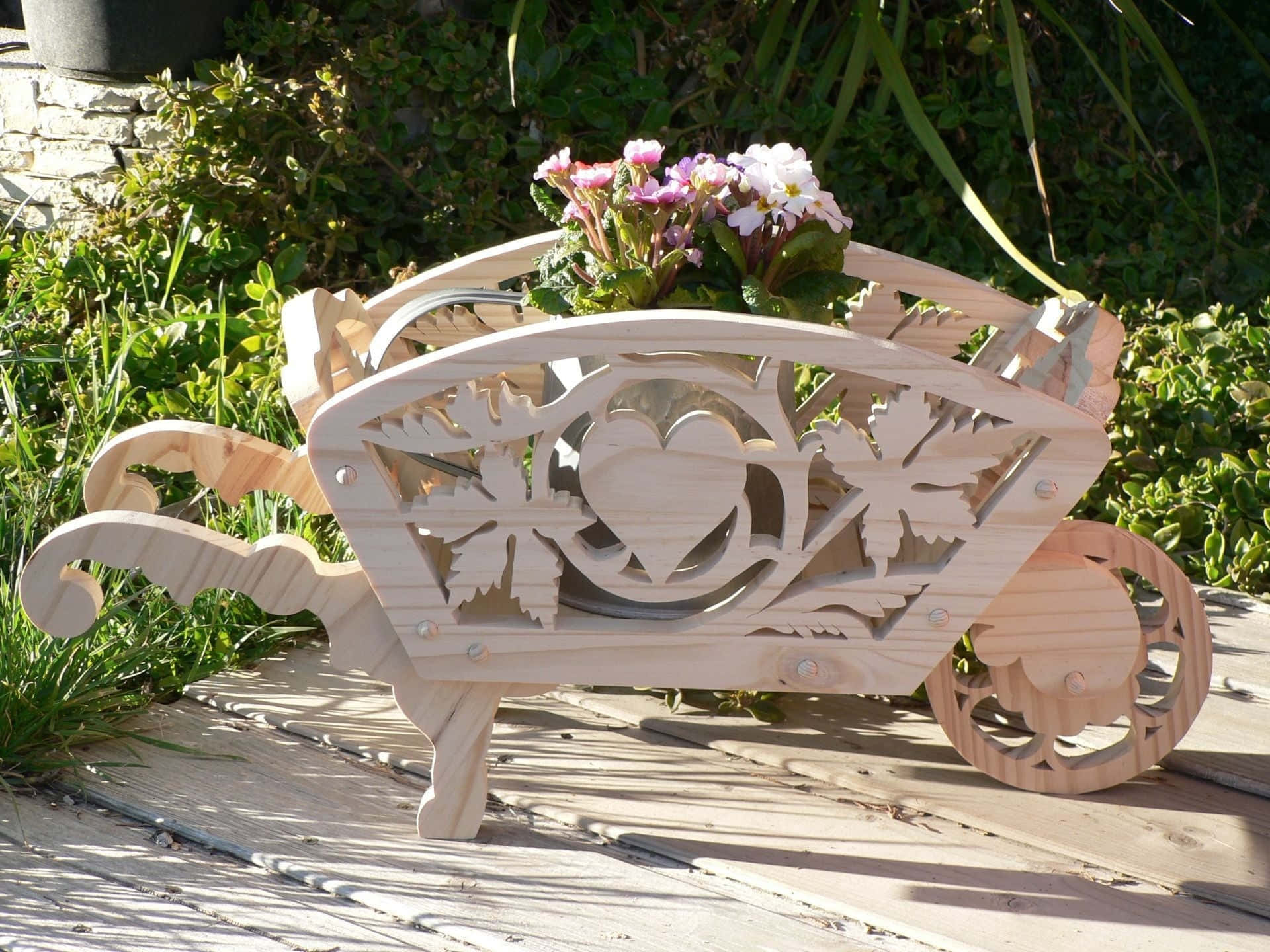 flower cart, wooden wheelbarrow planter, floral cutouts, Full HD Desktop Wallpaper