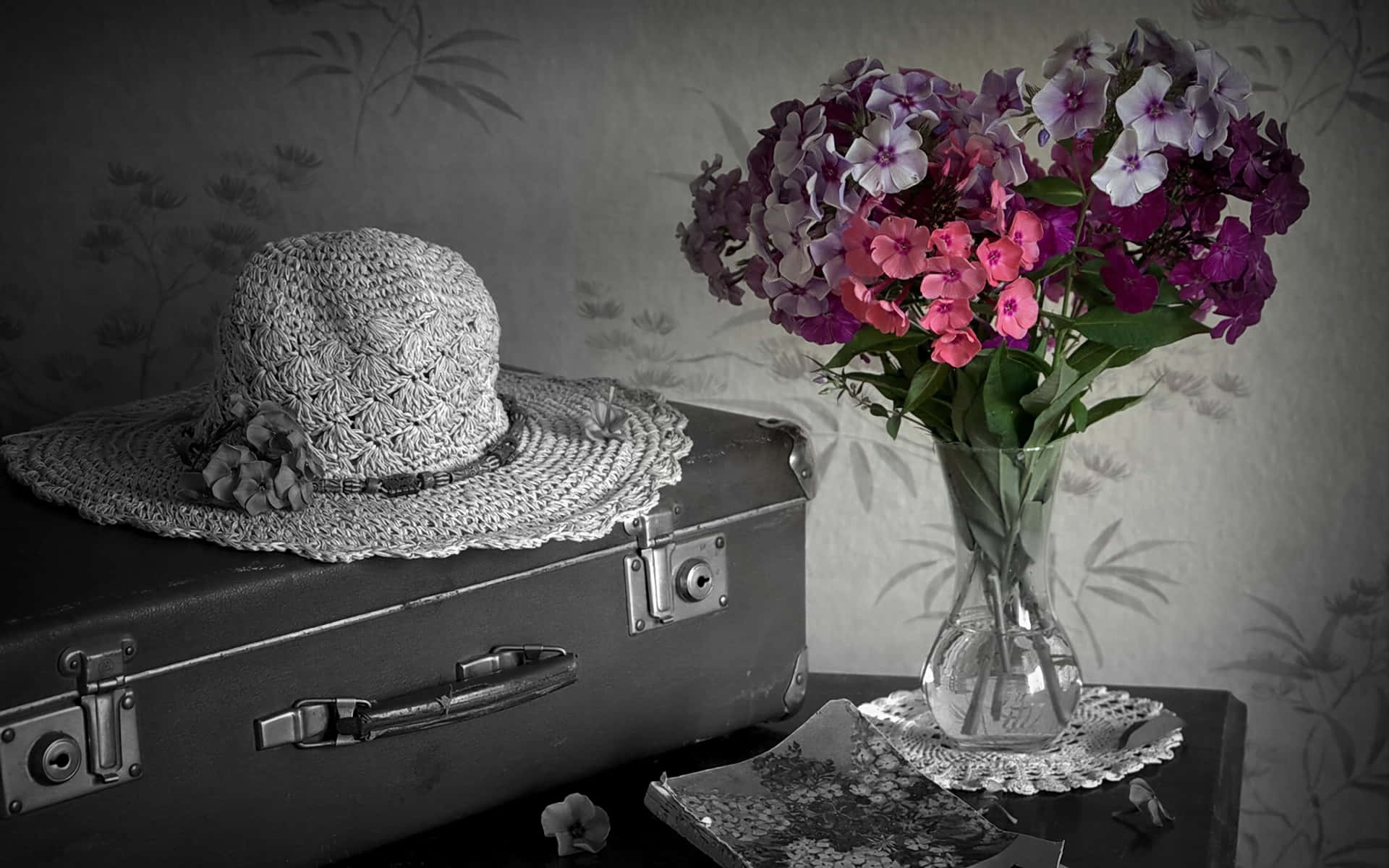 vintage suitcase, woven straw hat, glass vase, Full HD Desktop Wallpaper