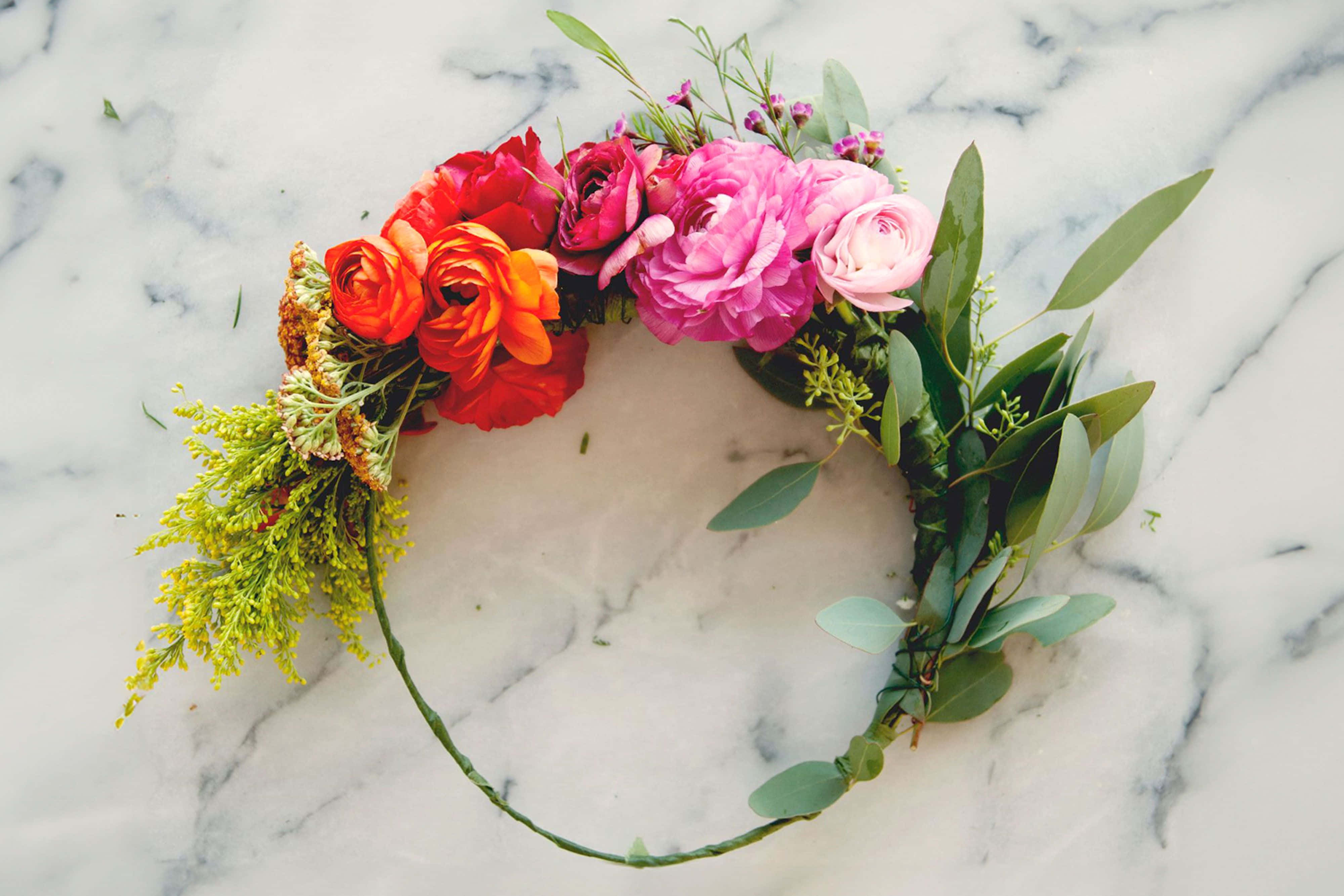 colorful flower crown, red orange and pink blooms, greenery, 4K Desktop Wallpaper