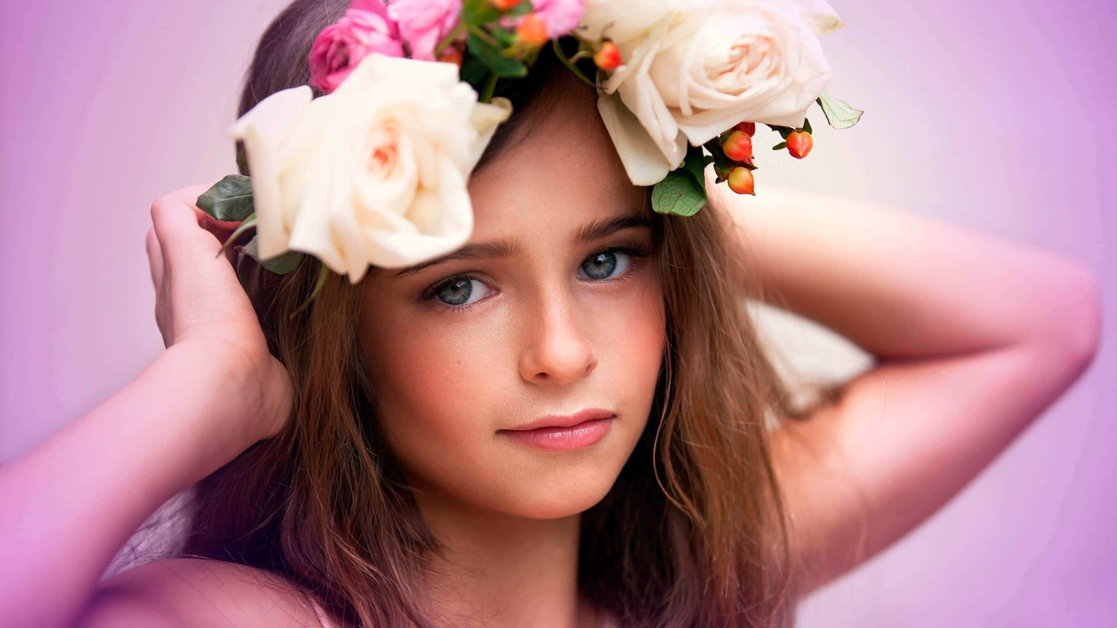 flower crown, white and pink roses, blue eyes, 4K Desktop Wallpaper