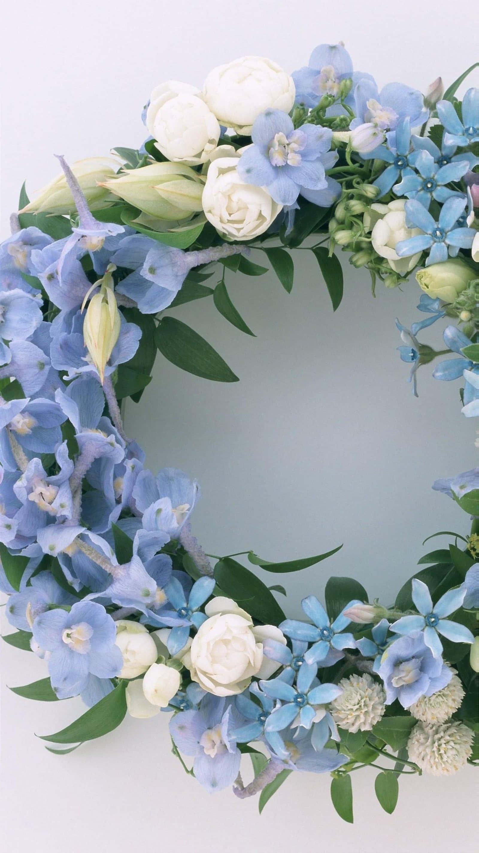 flower crown, soft blue and white flowers, green leaves, 2K Phone Wallpaper