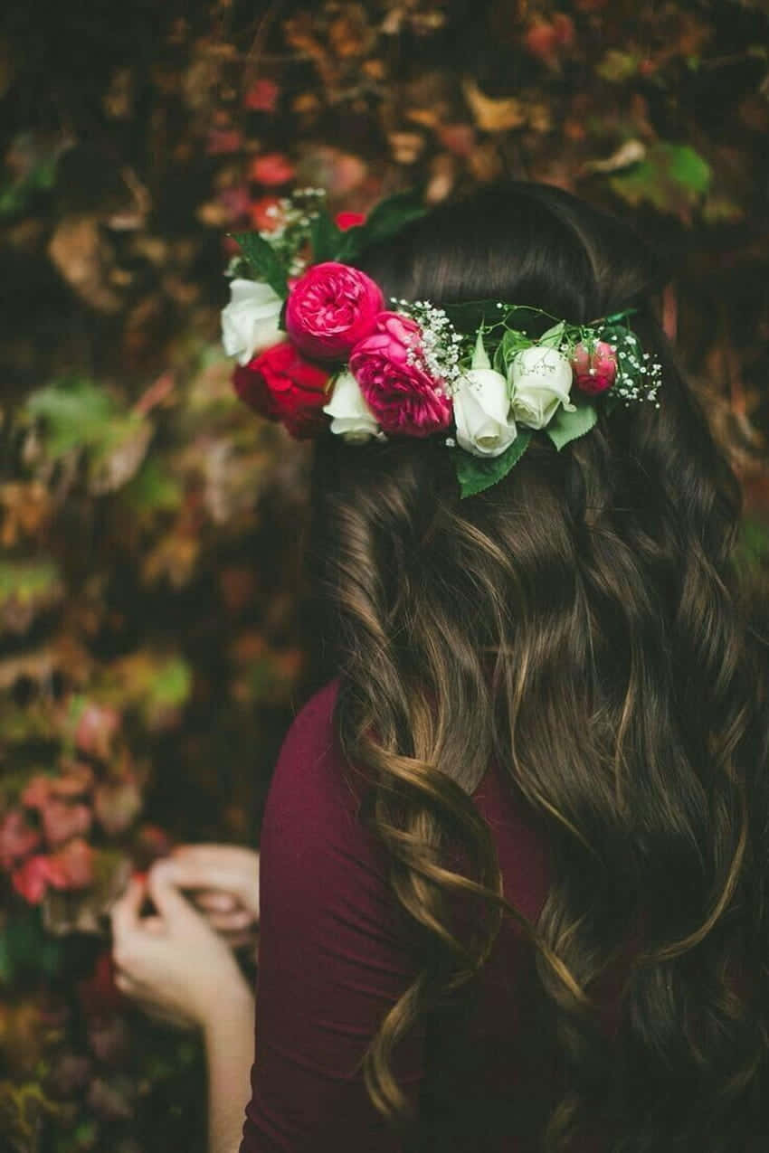 vibrant flower crown, pink and white roses, autumn leaf backdrop, SD Phone Wallpaper