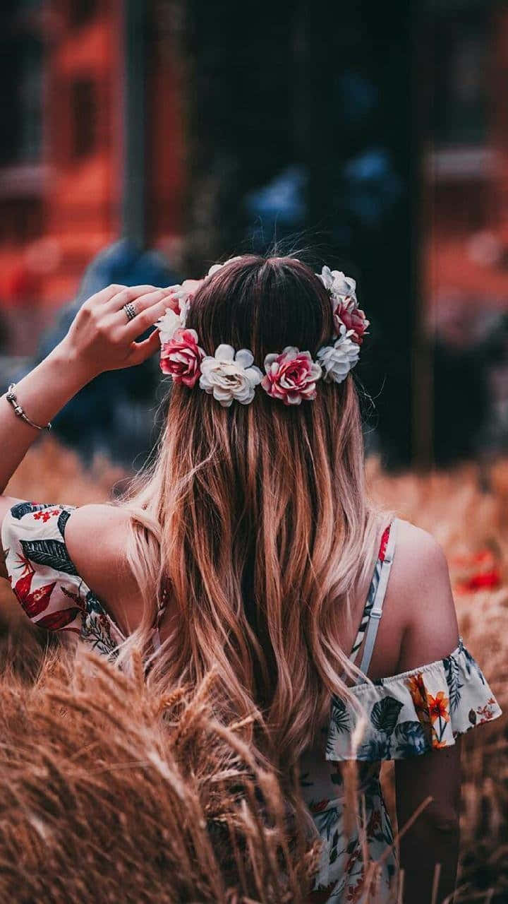 flower crown, long hair, field of golden wheat, HD Phone Wallpaper