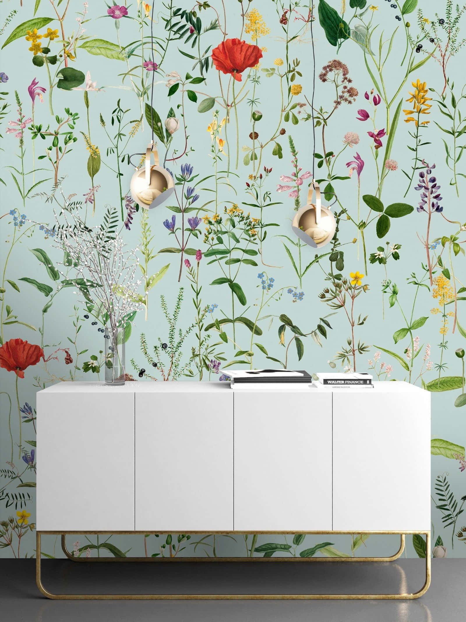 white modern cabinet, gold legs, vibrant botanical wallpaper, Full HD Phone Wallpaper