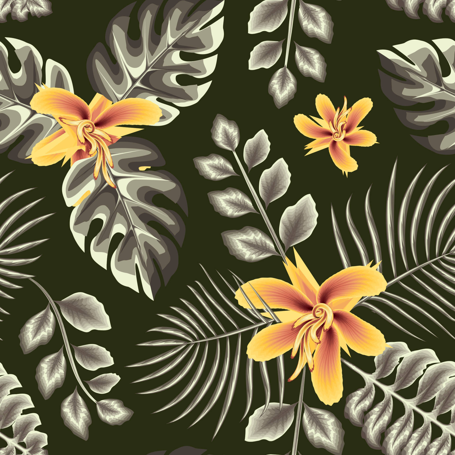 flower design, yellow orchids, monstera leaves, Full HD Desktop Wallpaper