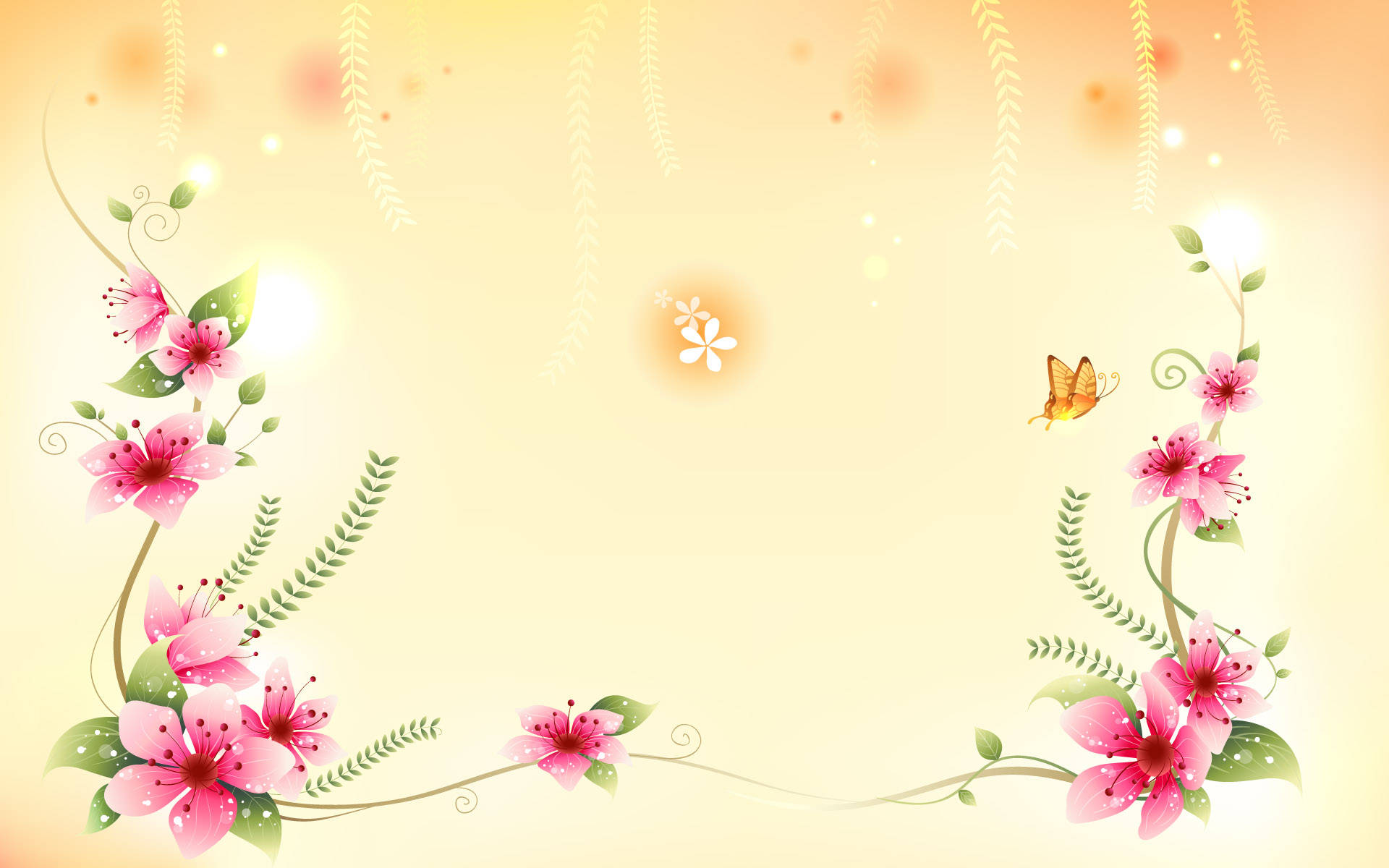 flower design, green vines, pink cherry blossoms, Full HD Desktop Wallpaper