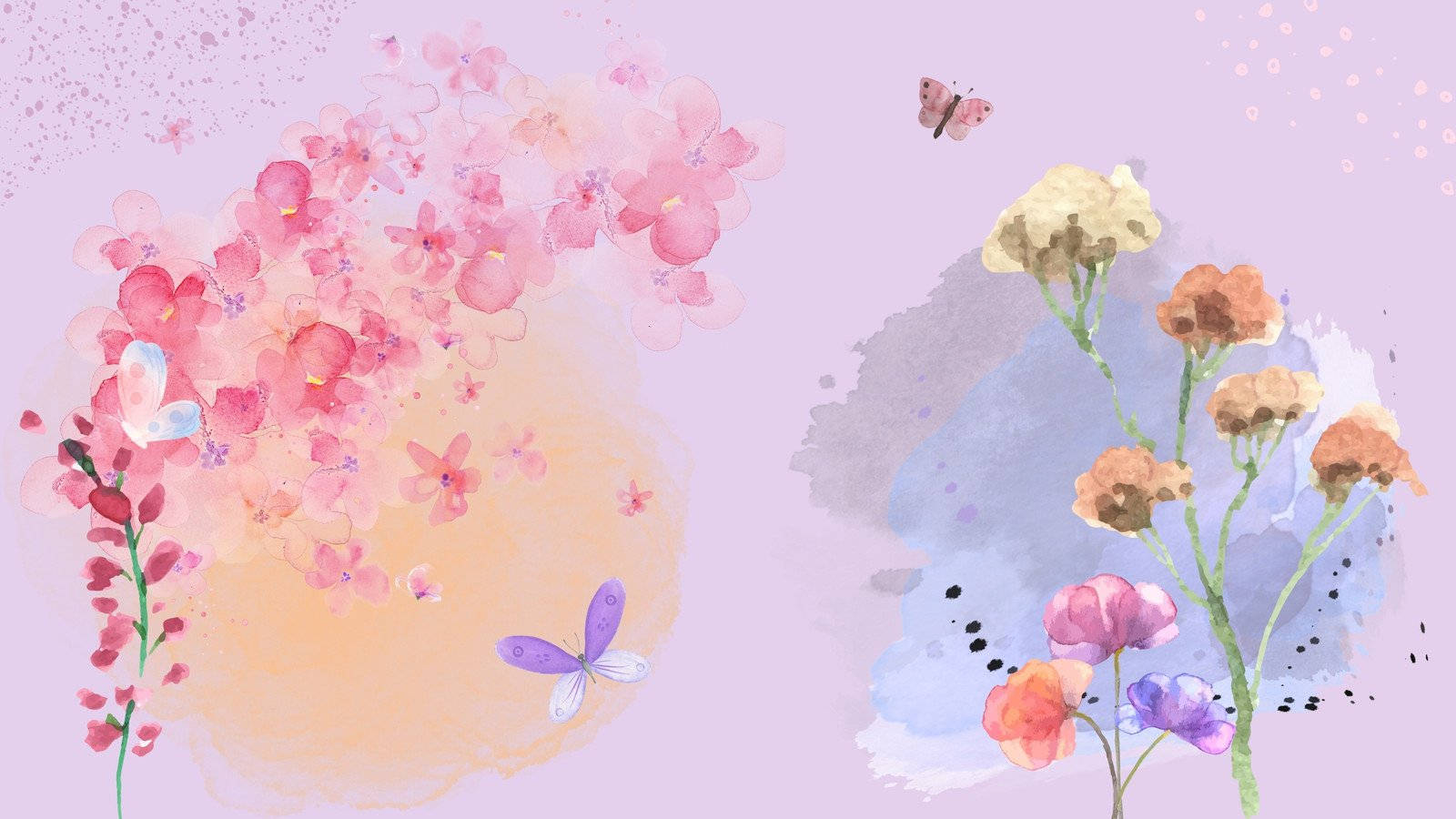 Flower Design, watercolor blossoms, fluttering butterflies, HD Desktop Wallpaper