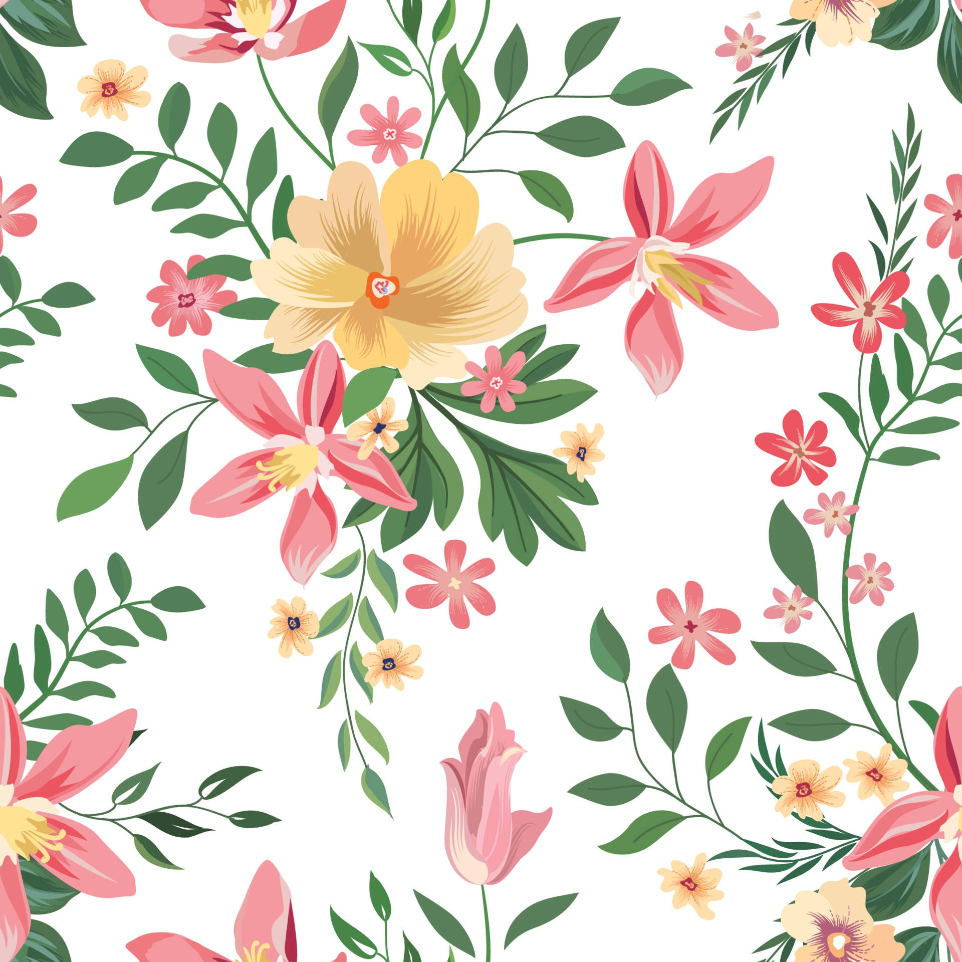 illustrated flowers background, vibrant pink, yellow, Full HD Desktop Wallpaper