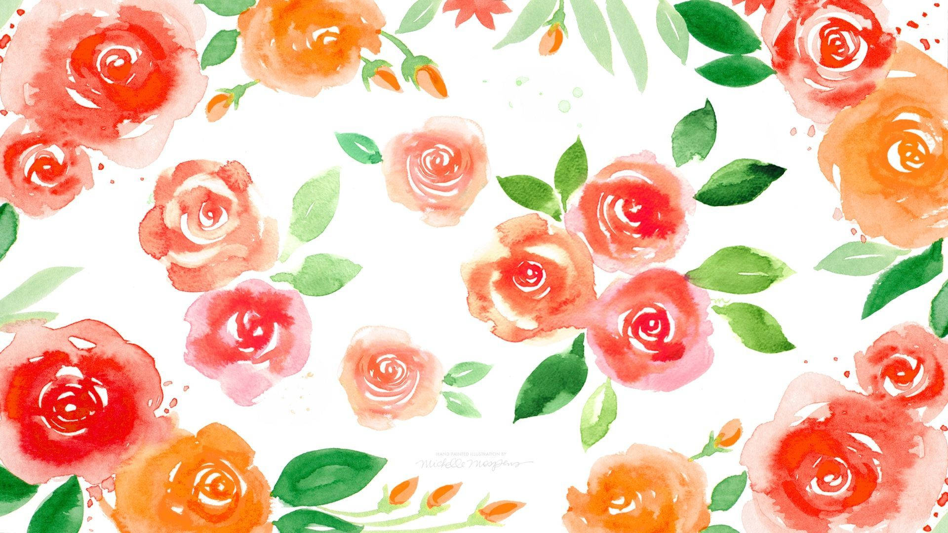 watercolor roses, coral peach, red, Full HD Desktop Wallpaper
