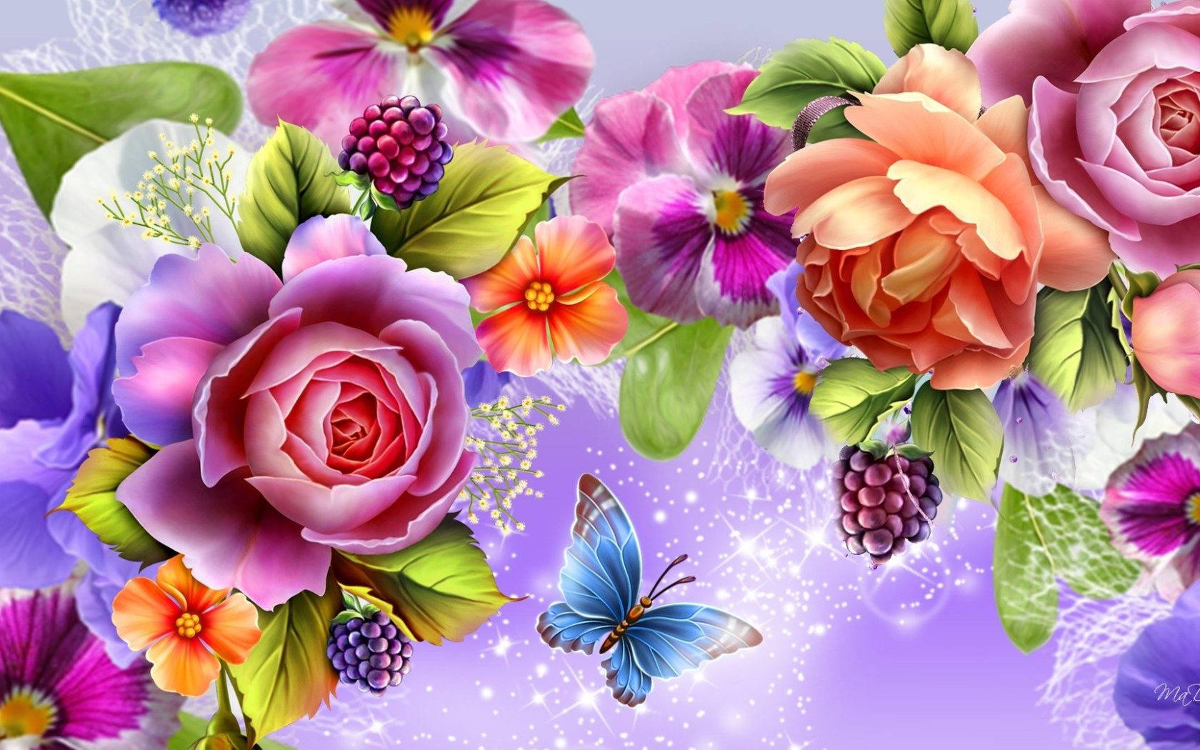 flower design, butterflies, fruits, HD Desktop Wallpaper