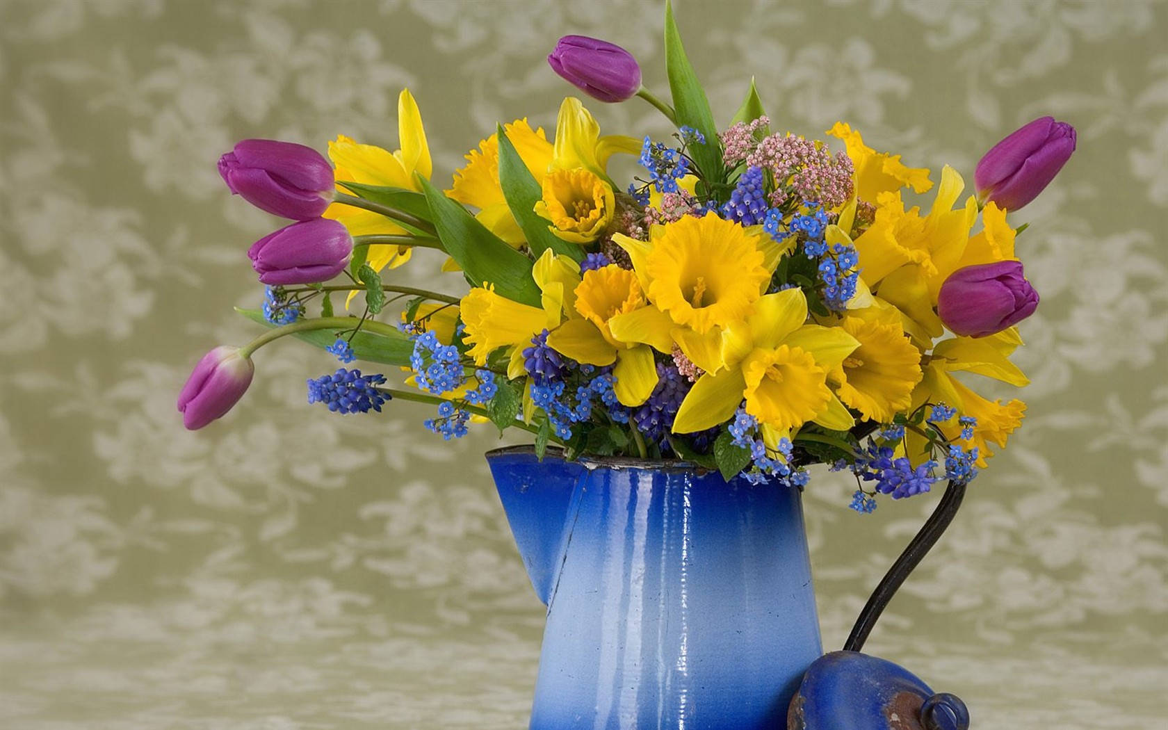 yellow daffodils, purple tulips, blue forget-me-nots, HD Desktop Wallpaper