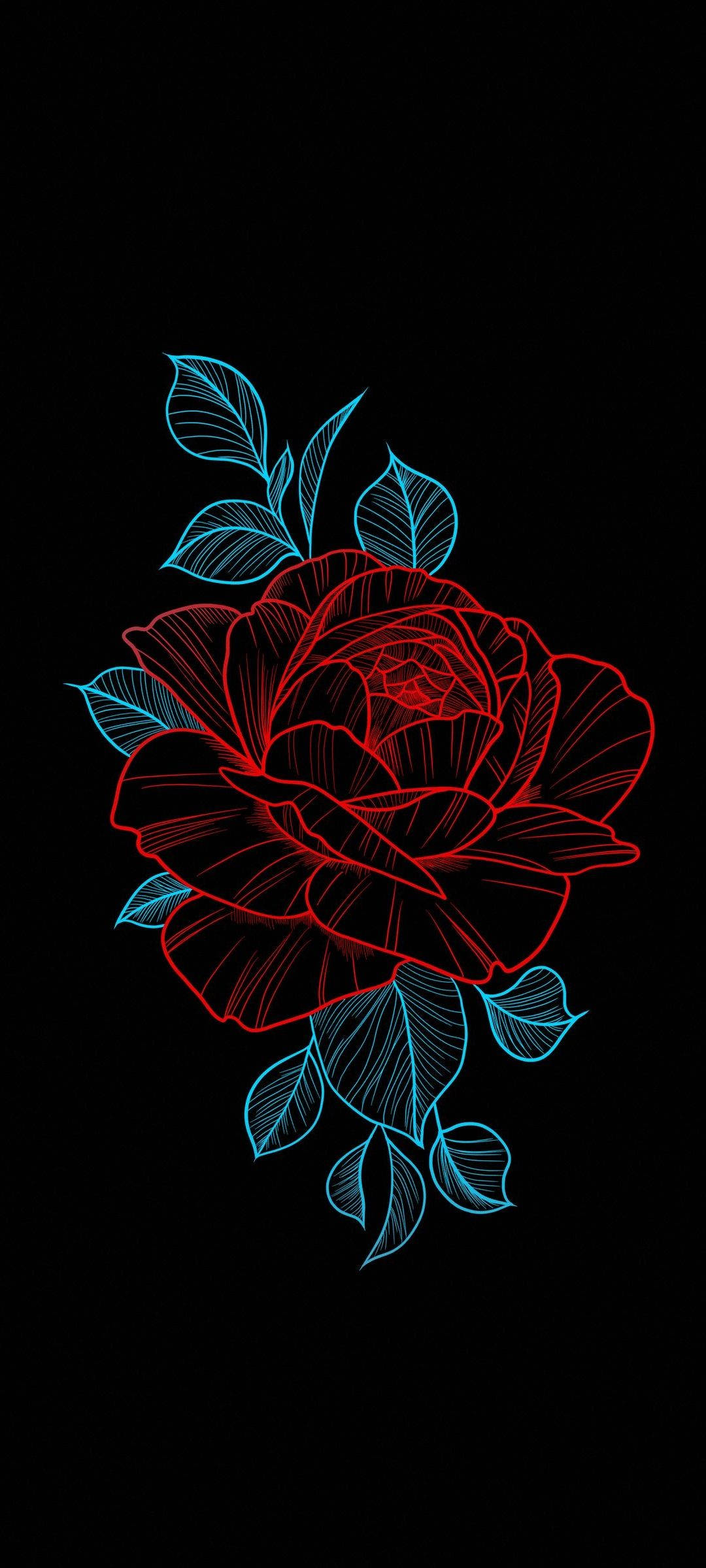 Flower Design, neon rose, red and blue outlined, Full HD Phone Wallpaper