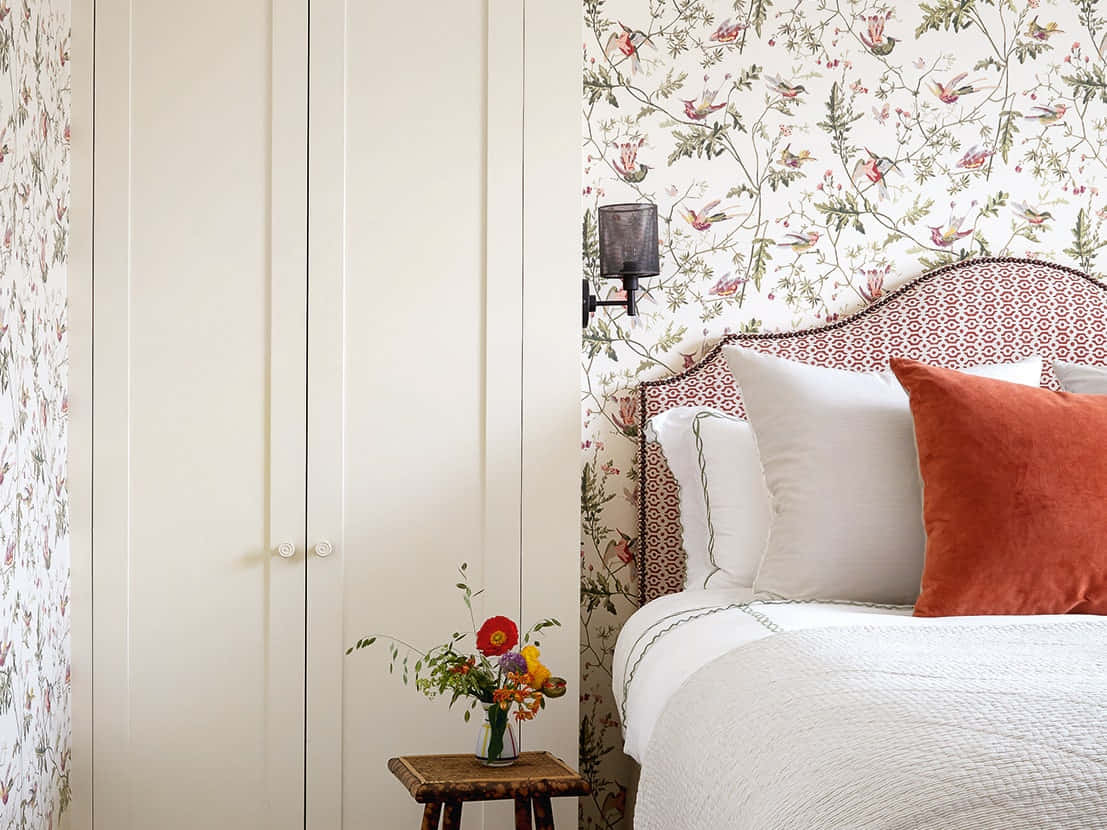 cozy bed, white linens, orange pillow, SD Desktop Wallpaper