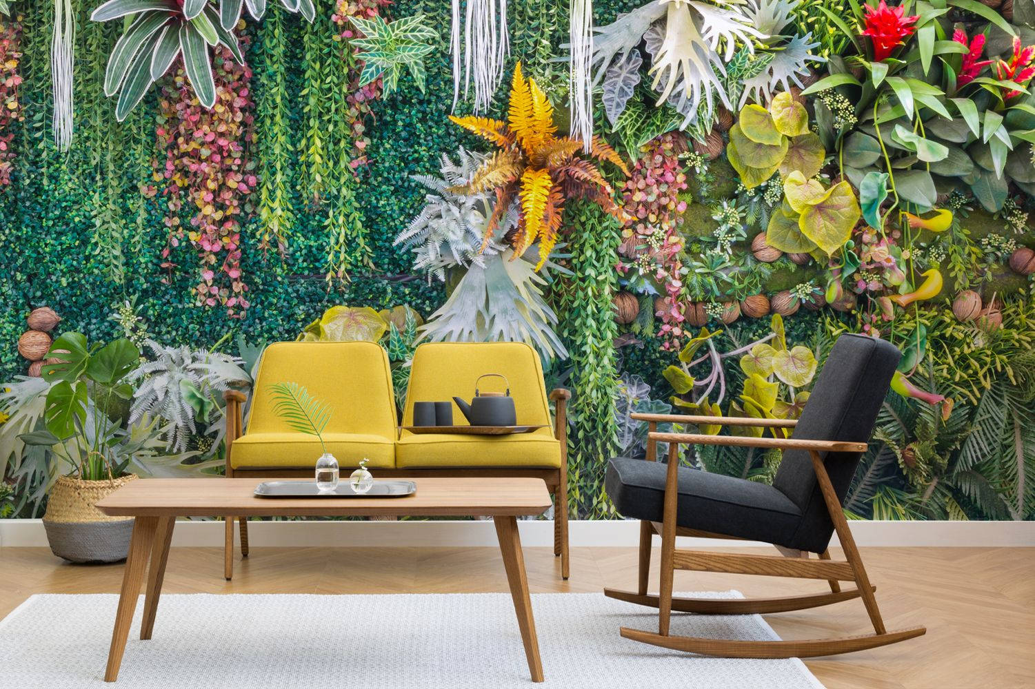 Flower Desktop, mid-century modern furniture, vibrant tropical foliage, HD Desktop Wallpaper