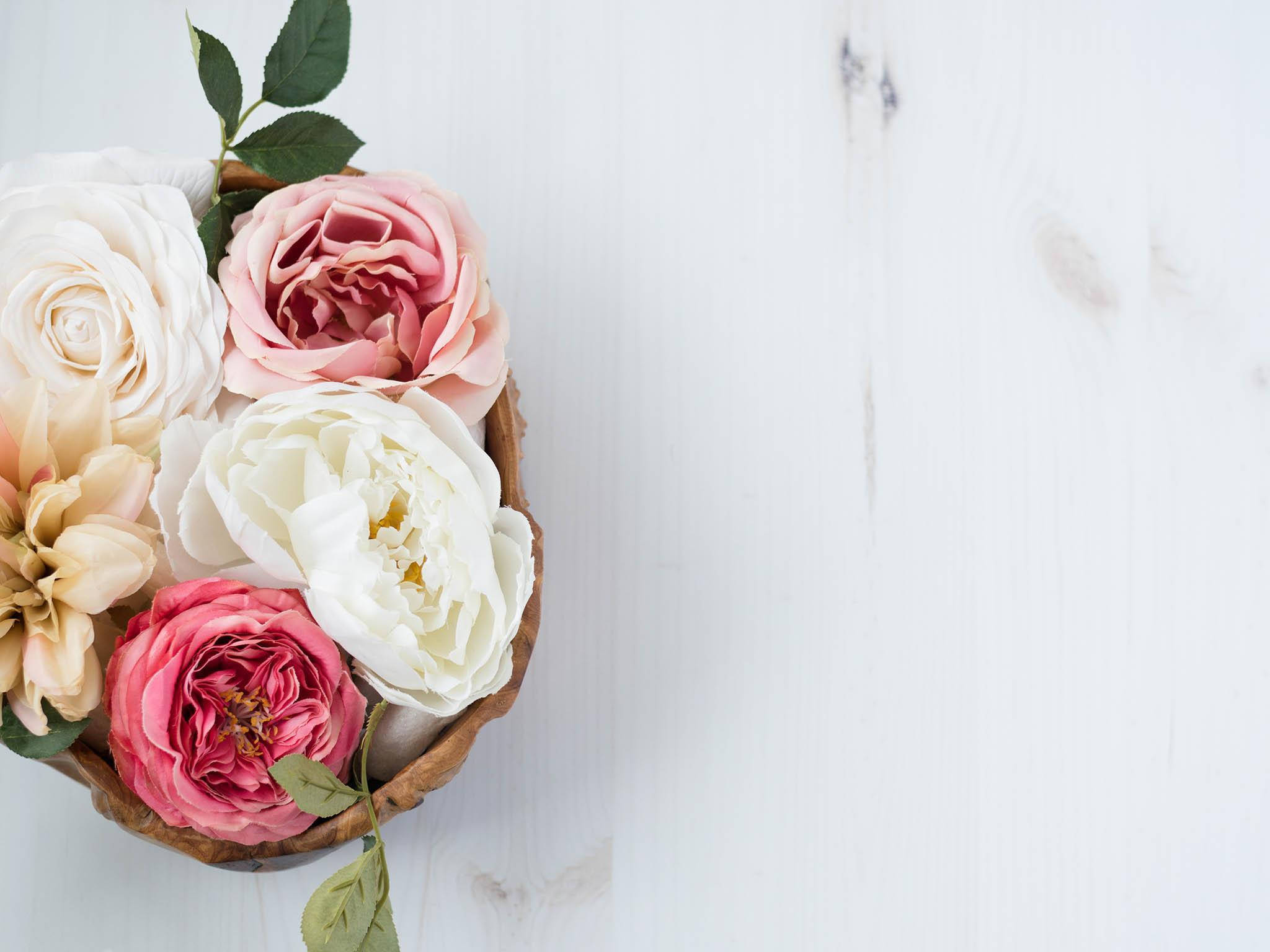 peony bouquet, wooden bowl, soft pink white and peach roses and peonies, Full HD Desktop Wallpaper