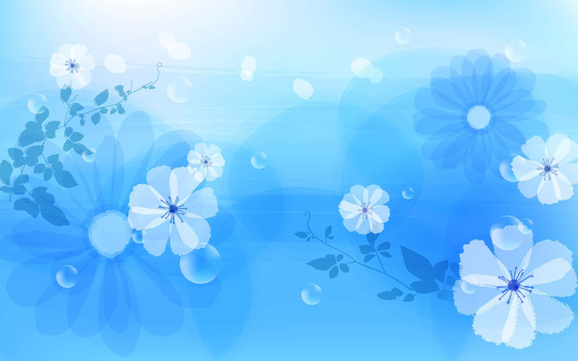 blue flowers, white blossoms, floating bubbles, Full HD Desktop Wallpaper
