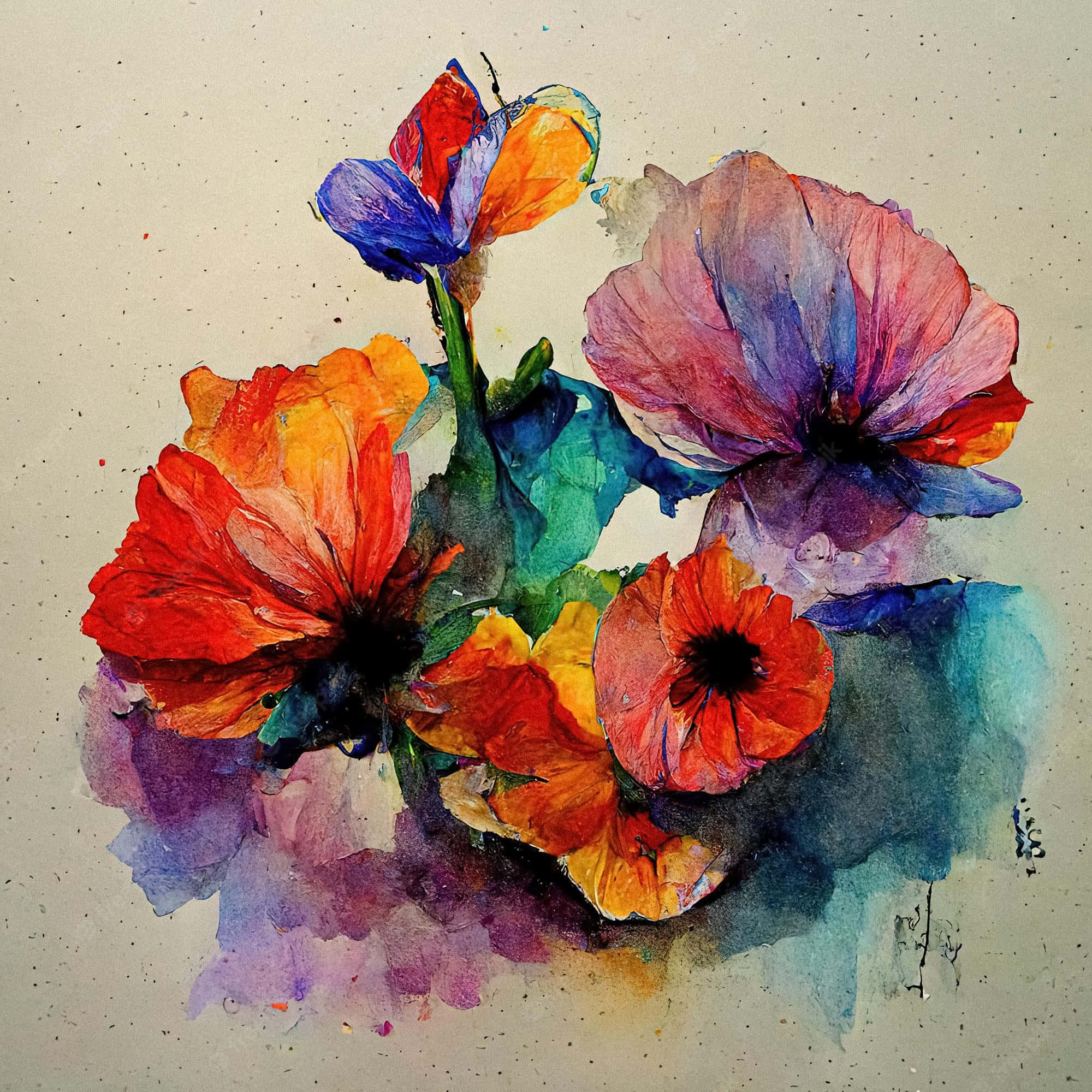 pink flower, watercolor poppies, red orange blue and purple, Full HD Desktop Wallpaper