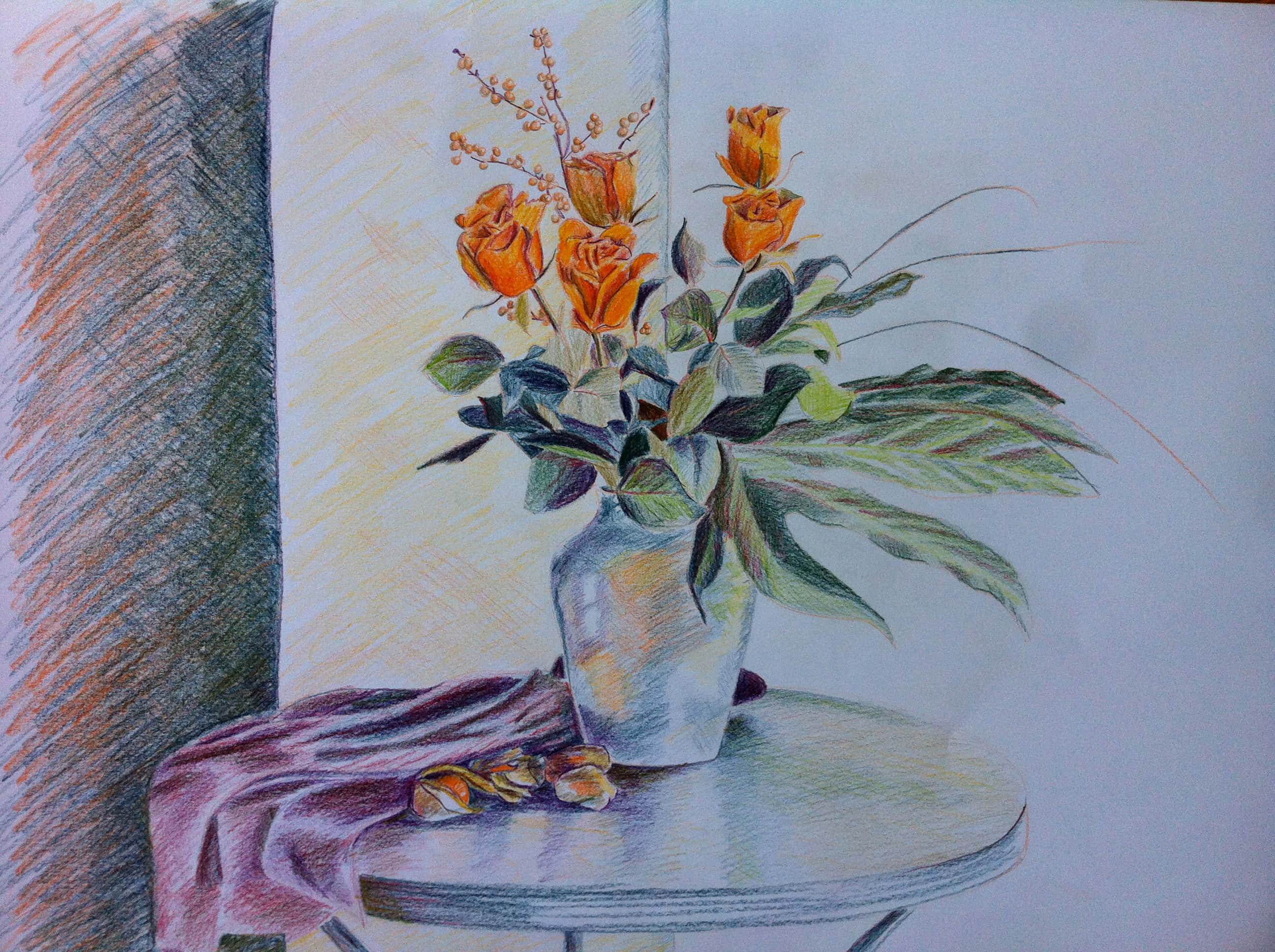 orange rose bouquet, glass vase, round table, 2K Desktop Wallpaper