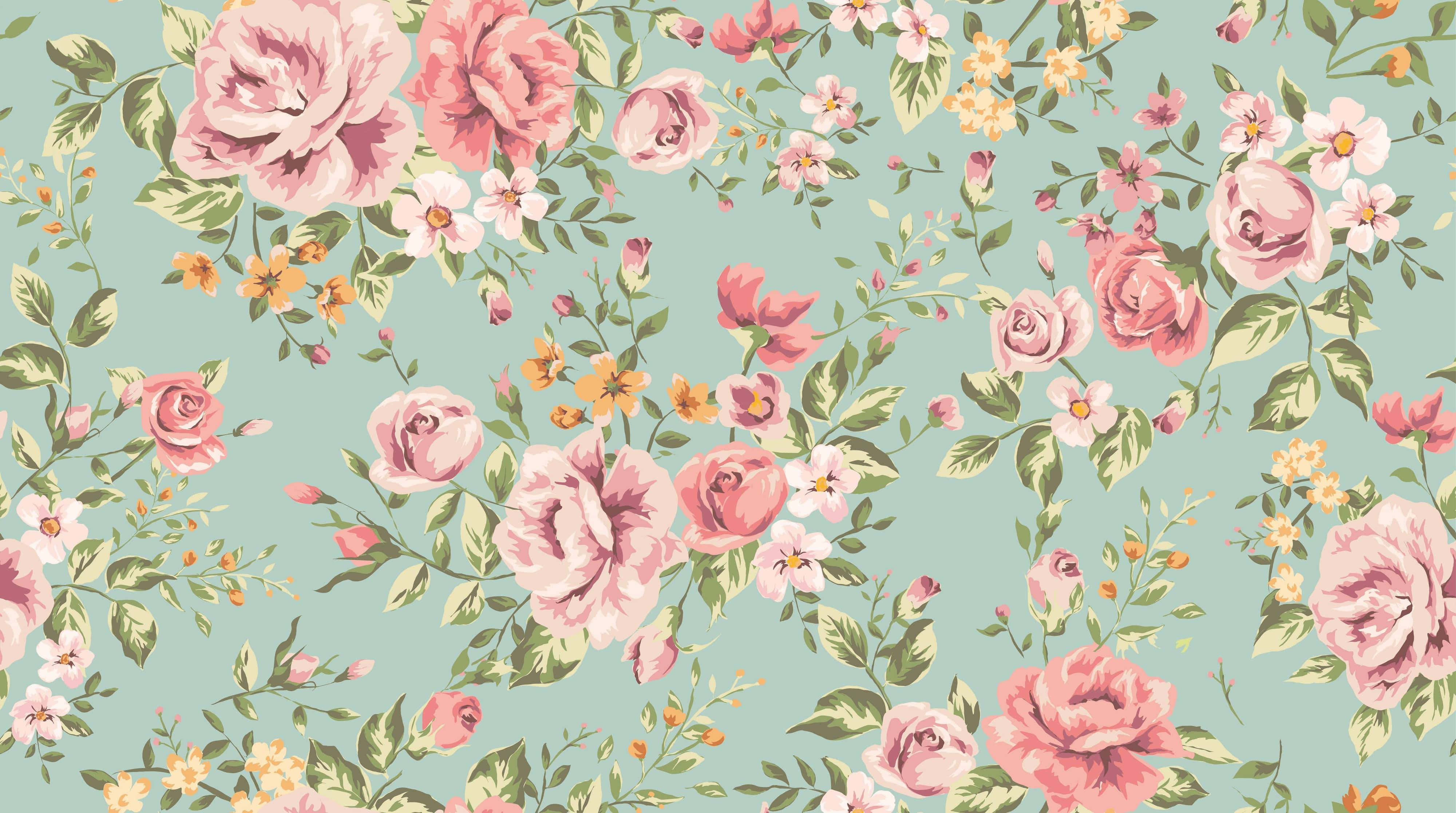 pink roses, yellow blossoms, green leaves, 4K Desktop Wallpaper