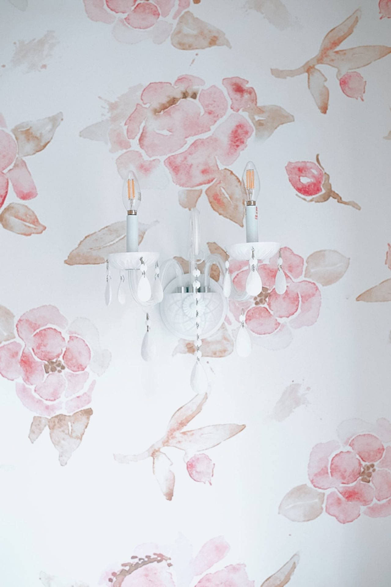 white chandelier, dangling teardrops, soft pink watercolor floral wallpaper, Full HD Phone Wallpaper