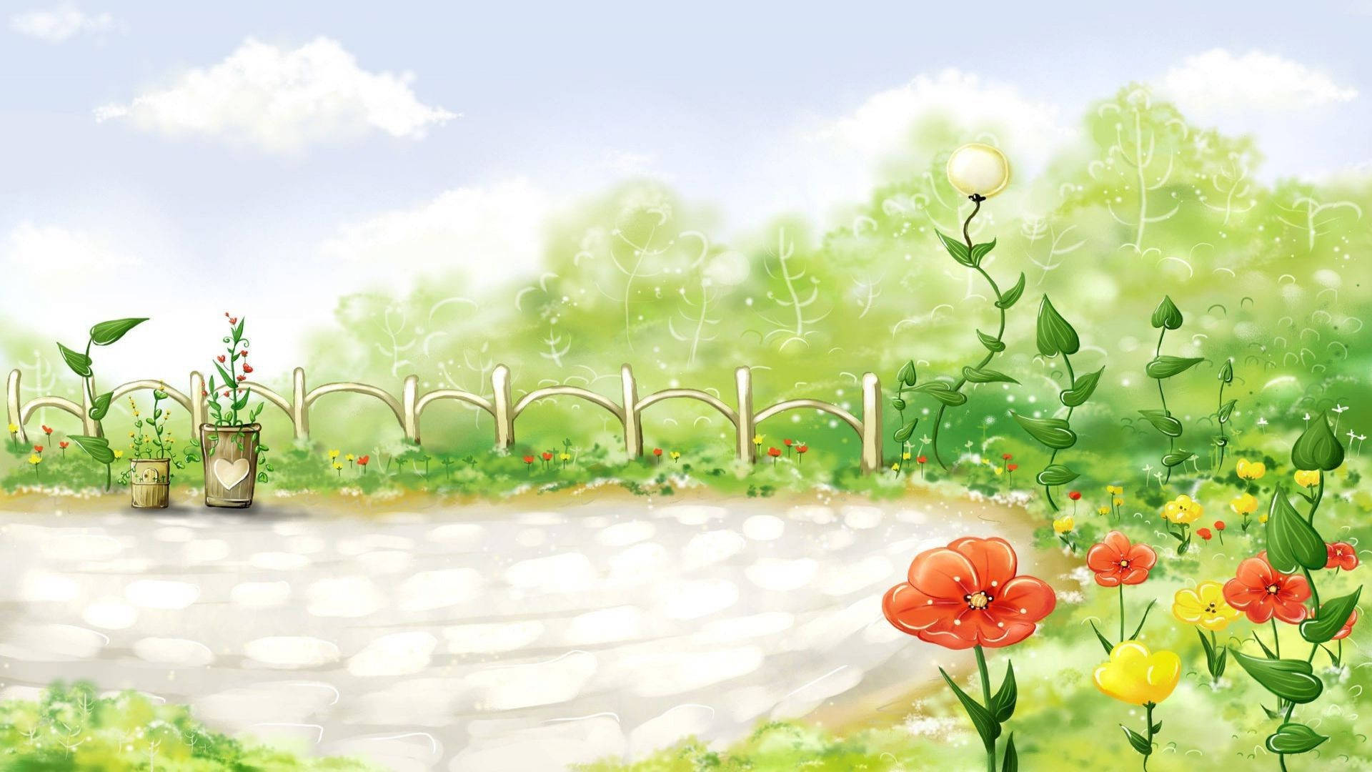 flower garden, spring garden path, wooden fence, Full HD Desktop Wallpaper