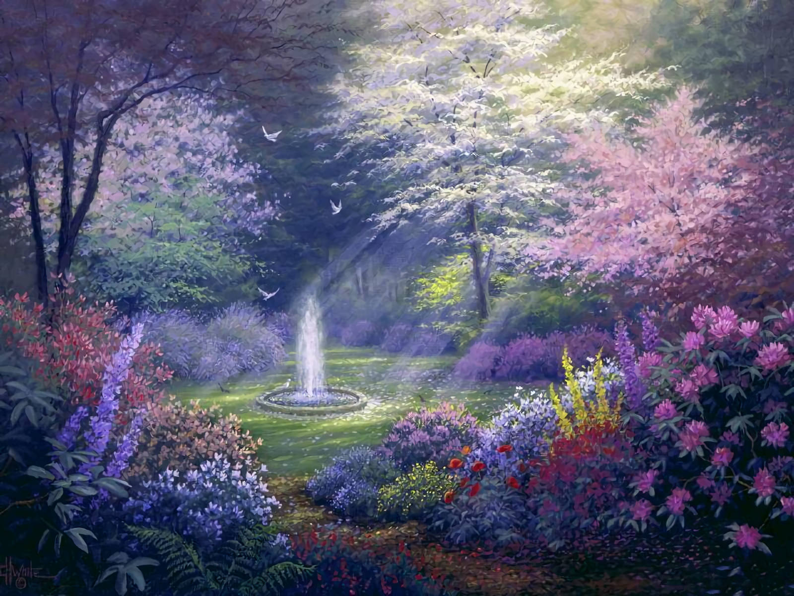 soft purple flower garden, serene garden fountain, blooming purple pink and red flowers, HD Desktop Wallpaper