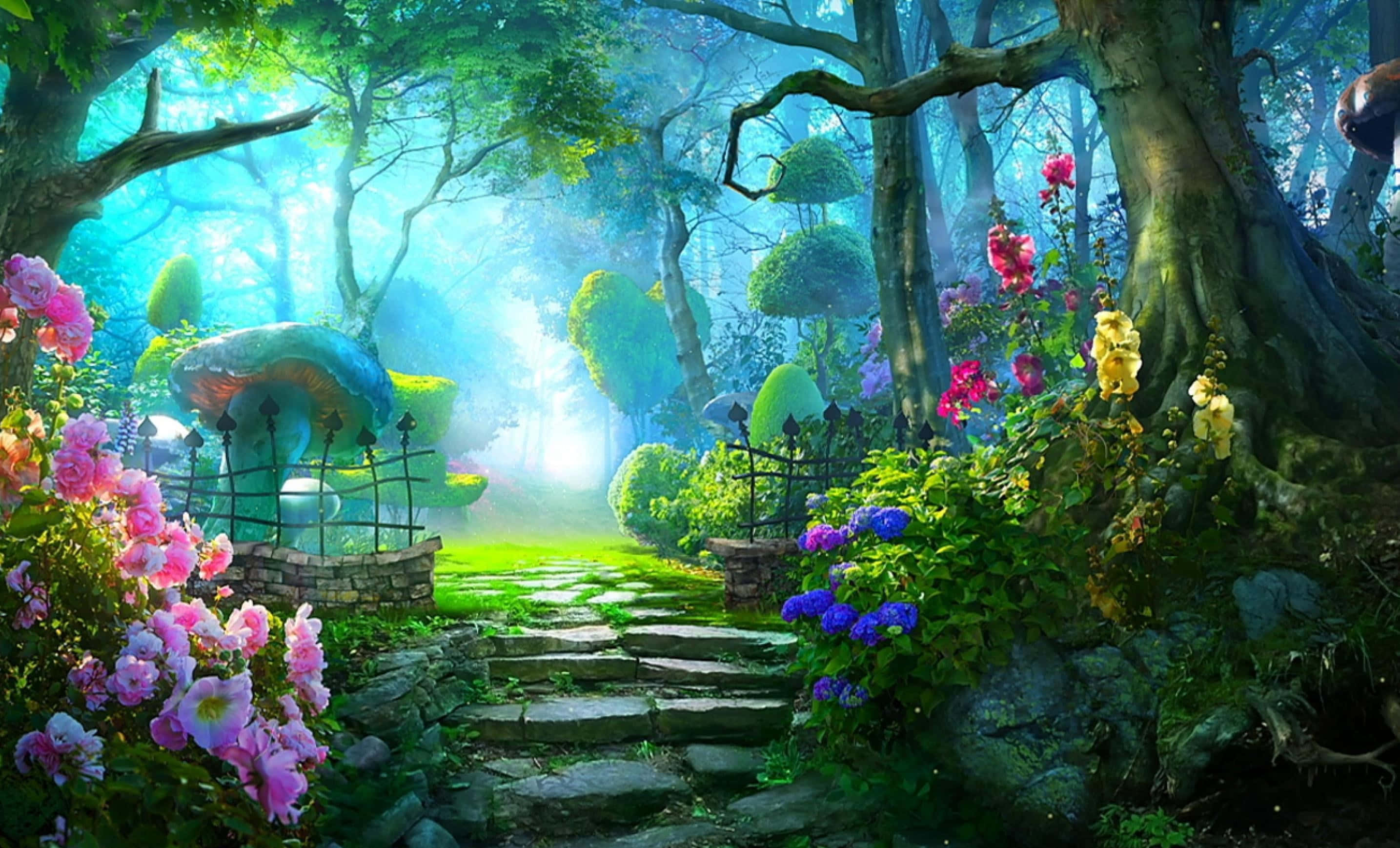 magical forest, sunlit stone path, lush enchanted forest, 2K Desktop Wallpaper