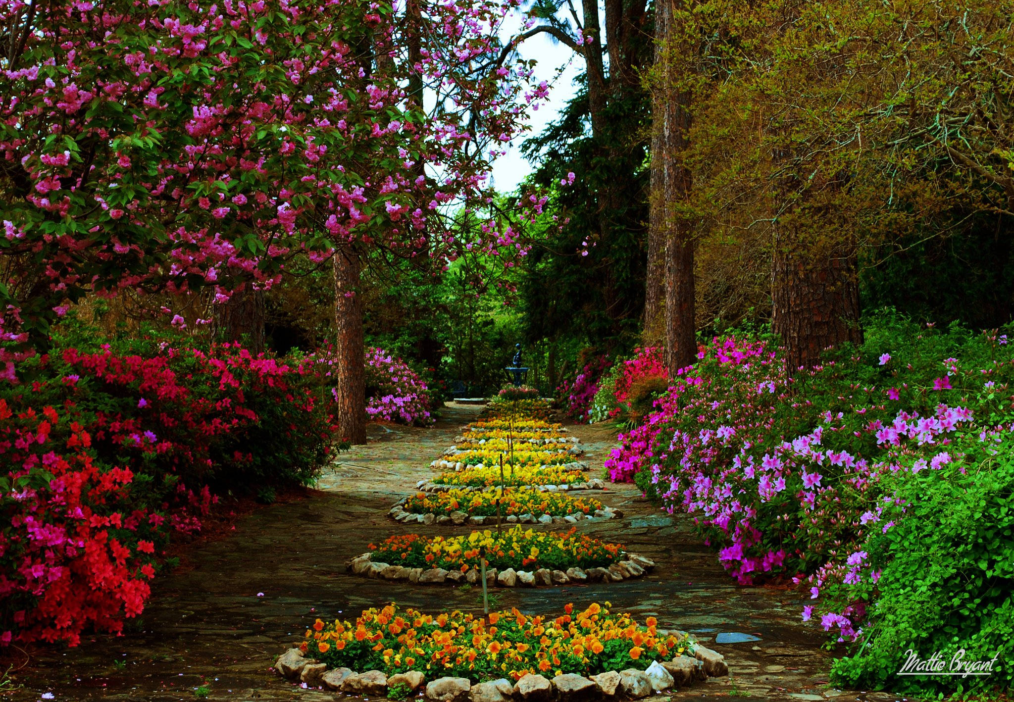 intricate flower garden, flower circles, winding stone path, Full HD Desktop Wallpaper